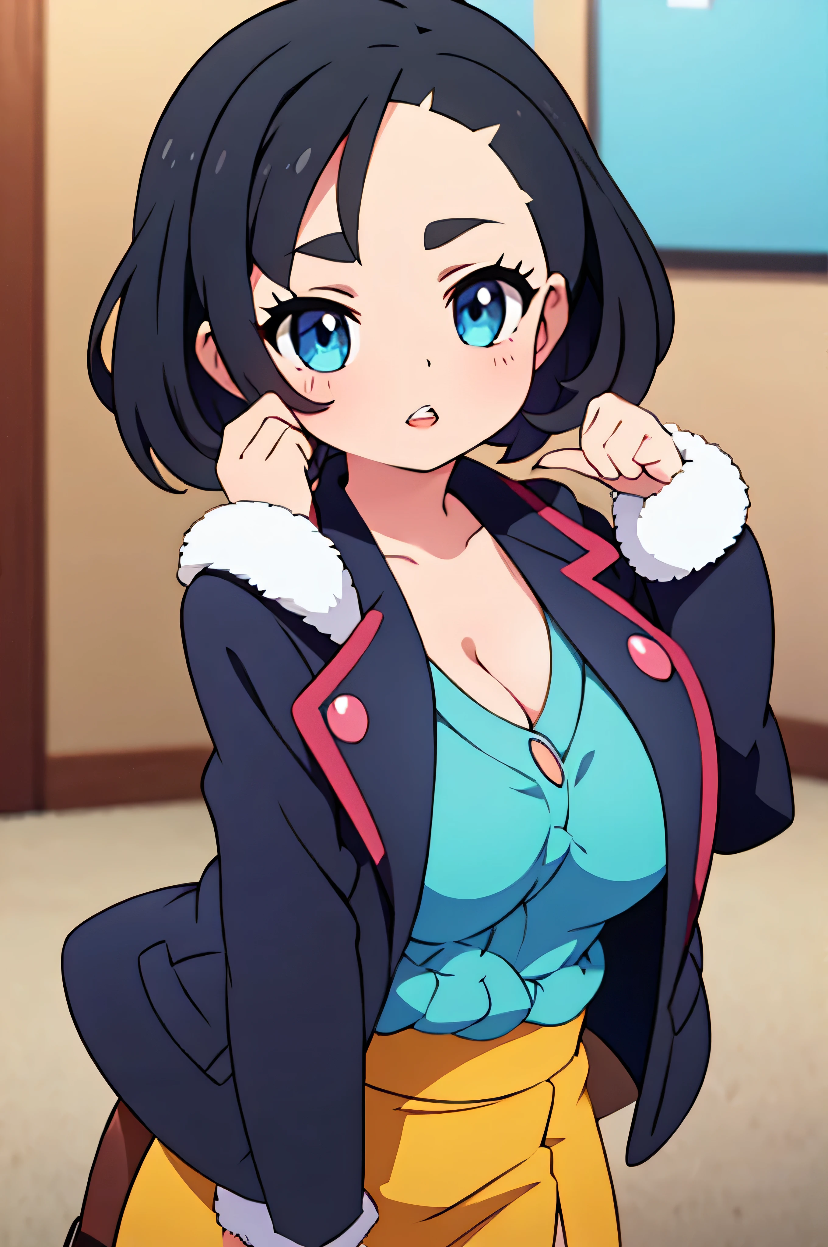 (Marnie (pokemon)), (big lips), ((thick lips)), small boobs, dark blue eyes, brown jacket, (cleavage), short hair, black hair, teeth, wide mouth,