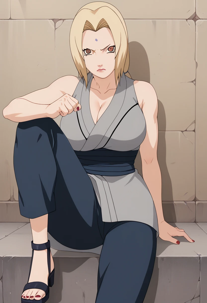 score_9, score_8_ up, score_7_ up,
ツ,  1 girl, Tsunade  (Naruto), ( watching viewers ), Blonde,  Roth Tails, Mark on the forehead,  brown eyes,  Big Breasts , Grey kimono,  sleeveless kimono,  blue pants ,  Sandals,  clevis on a stone, Red nails, 
 Is chest  ,  crooked one leg , 
Serious, Open lips, under your bust , Clenched hands, 
 simple background,  perfect lighting,
、(( detailed eyes))