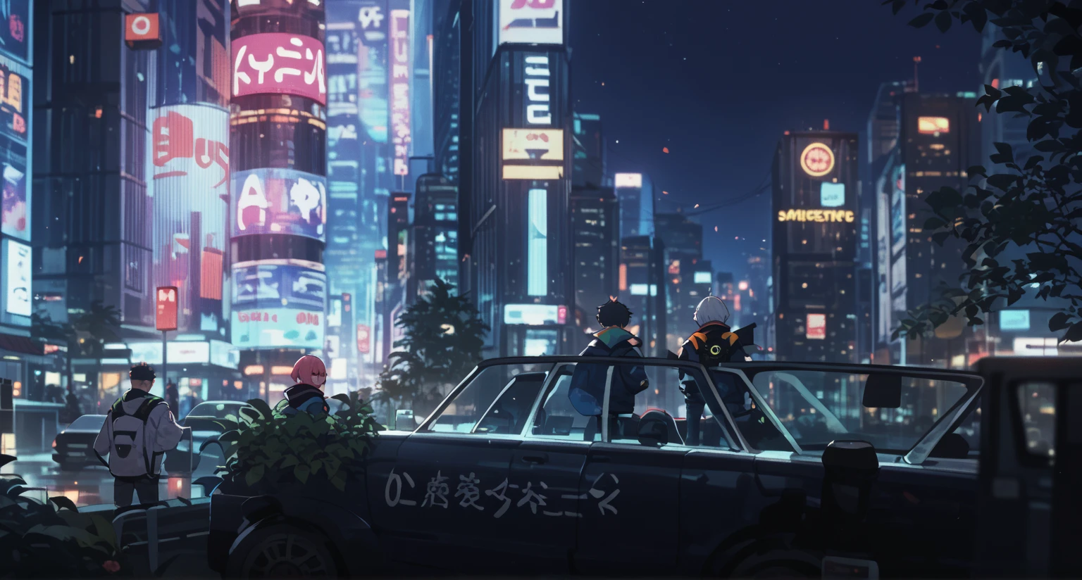 (((Score_9, score_8_up, score_7_up, score_8_up, score_7_up))), (((Artist: Nyong_Nyong, high quality, masterpiece, high detail, high resolution))), (((Depth of field))), dynamic, anime, fictional, 2D, afar, animated, night city from cyberpunk 2077, night time, night. 