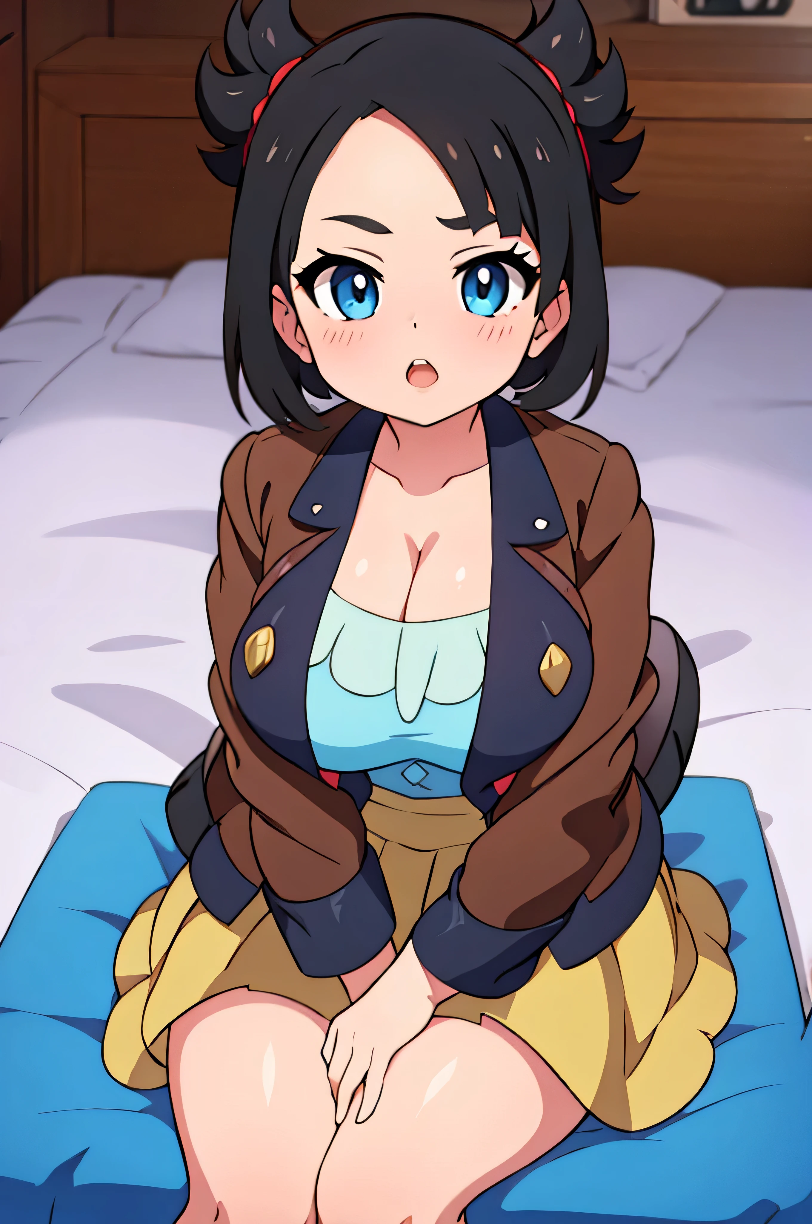 (Marnie (pokemon)), small boobs, thick lips, dark blue eyes, brown jacket, (cleavage), short hair, black hair, teeth, wide mouth, ((sitting on a big man)),