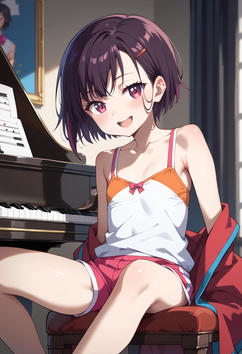 (( top quality )), ((masterpiece)), (be familiar with),  perfect face, indoor, bedroom,  watching viewers ,
One woman, Mikazuki Kan,
 open mouth,  ecstatic expression beside the piano, blush, smile,
 small ,  flat chest, Young girl, Lori,  ,  girl,
Short Hair,  short hair,
Leg spread,