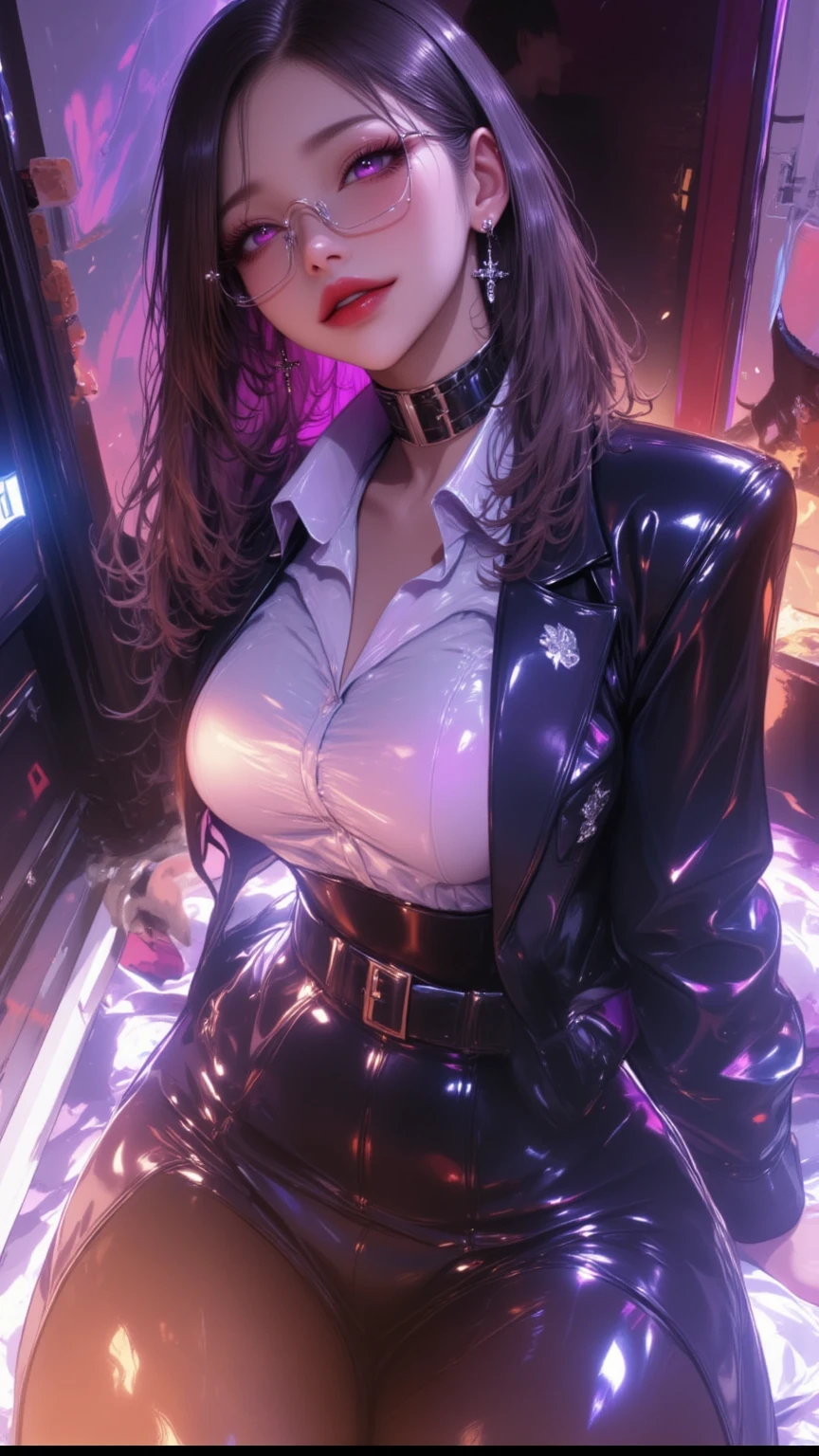 Solo, (Police Uniform, policewoman), Stockings, City lights, (gaze at the audience: 1.3), Lips apart, Red lips, Shiny skin, dent in the skin, Best Quality, Ultra High Resolution, (Realism: 1.4),