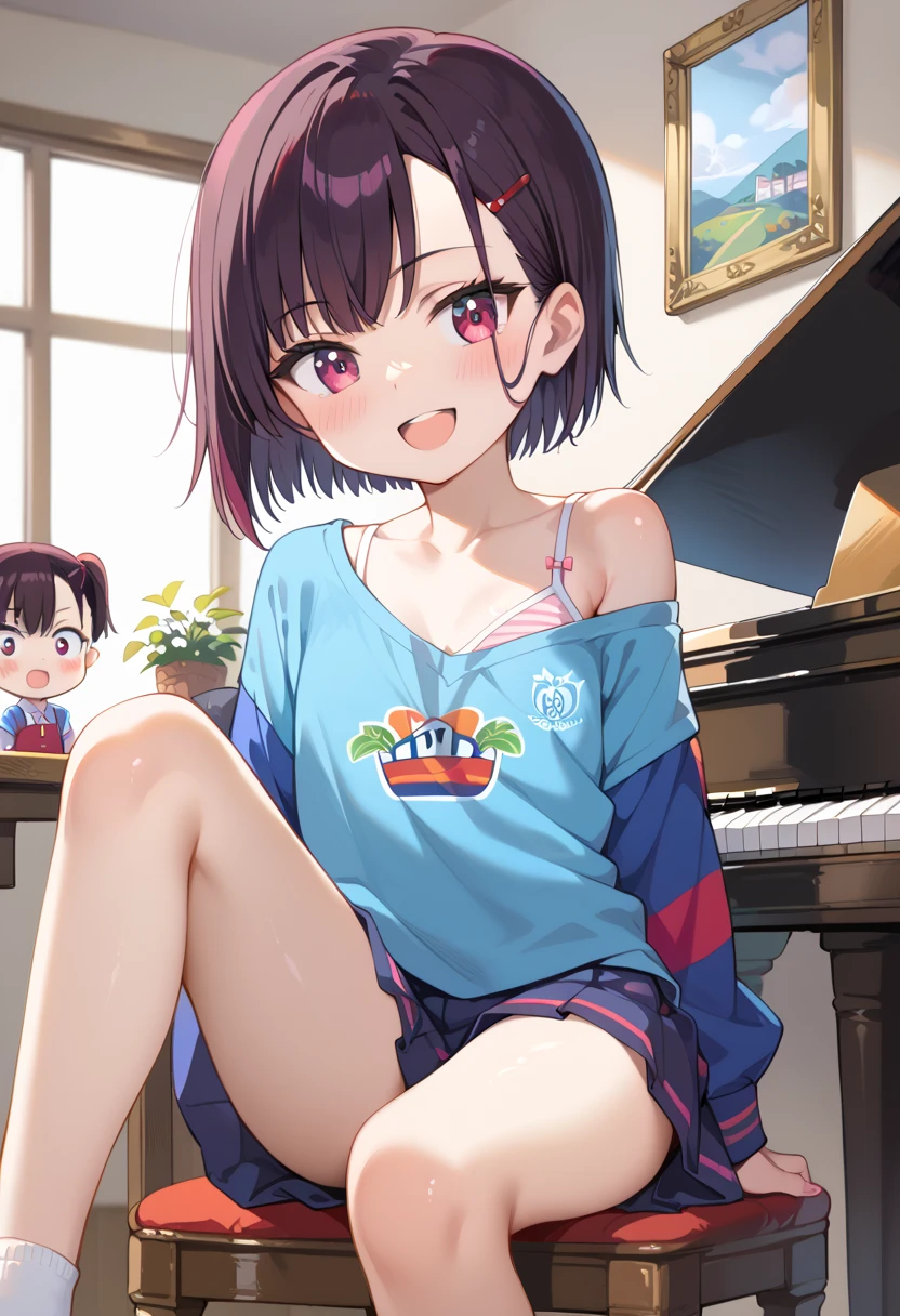 (( top quality )), ((masterpiece)), (be familiar with),  perfect face, indoor, bedroom,  watching viewers ,
One woman, Mikazuki Kan,
 open mouth,  ecstatic expression beside the piano, blush, smile,
 small ,  flat chest, Young girl, Lori,  ,  girl,
Short Hair,  short hair,
Leg spread,