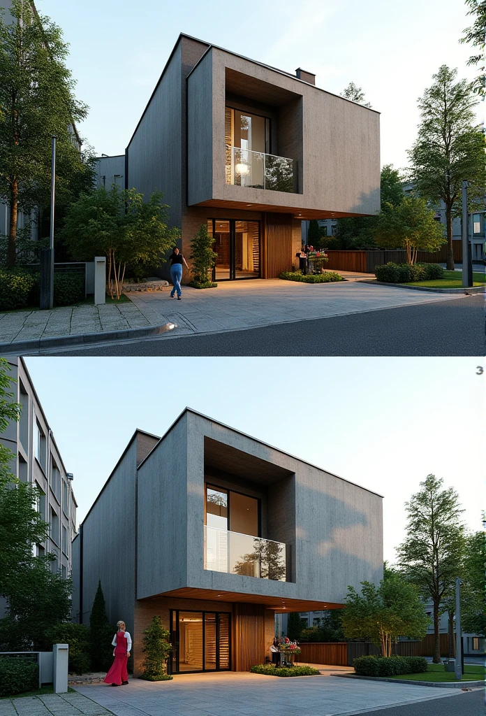 [TWO-VIEW] This set of two images presents a scene from two different perspectives. The image shows a modern townhouse [IMAGE2] in another viewpoint. 