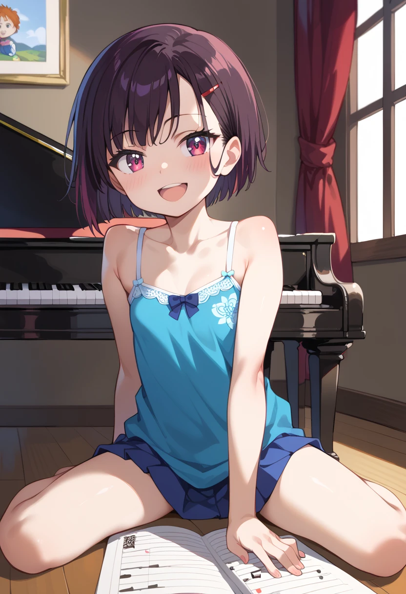 (( top quality )), ((masterpiece)), (be familiar with),  perfect face, indoor, bedroom,  watching viewers ,
One woman, Mikazuki Kan,
 open mouth,  ecstatic expression beside the piano, blush, smile,
 small ,  flat chest, Young girl, Lori,  ****,  girl,
Short Hair,  short hair,
Leg spread,