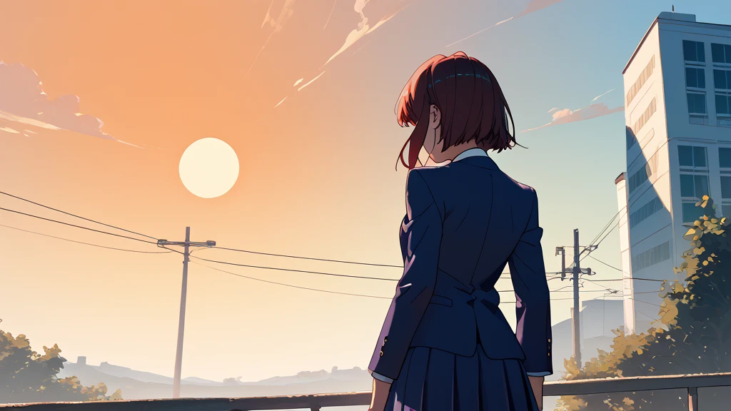 In the evening、Back view of a high school girl in blazer uniform standing on the riverside looking at the dazzling sun