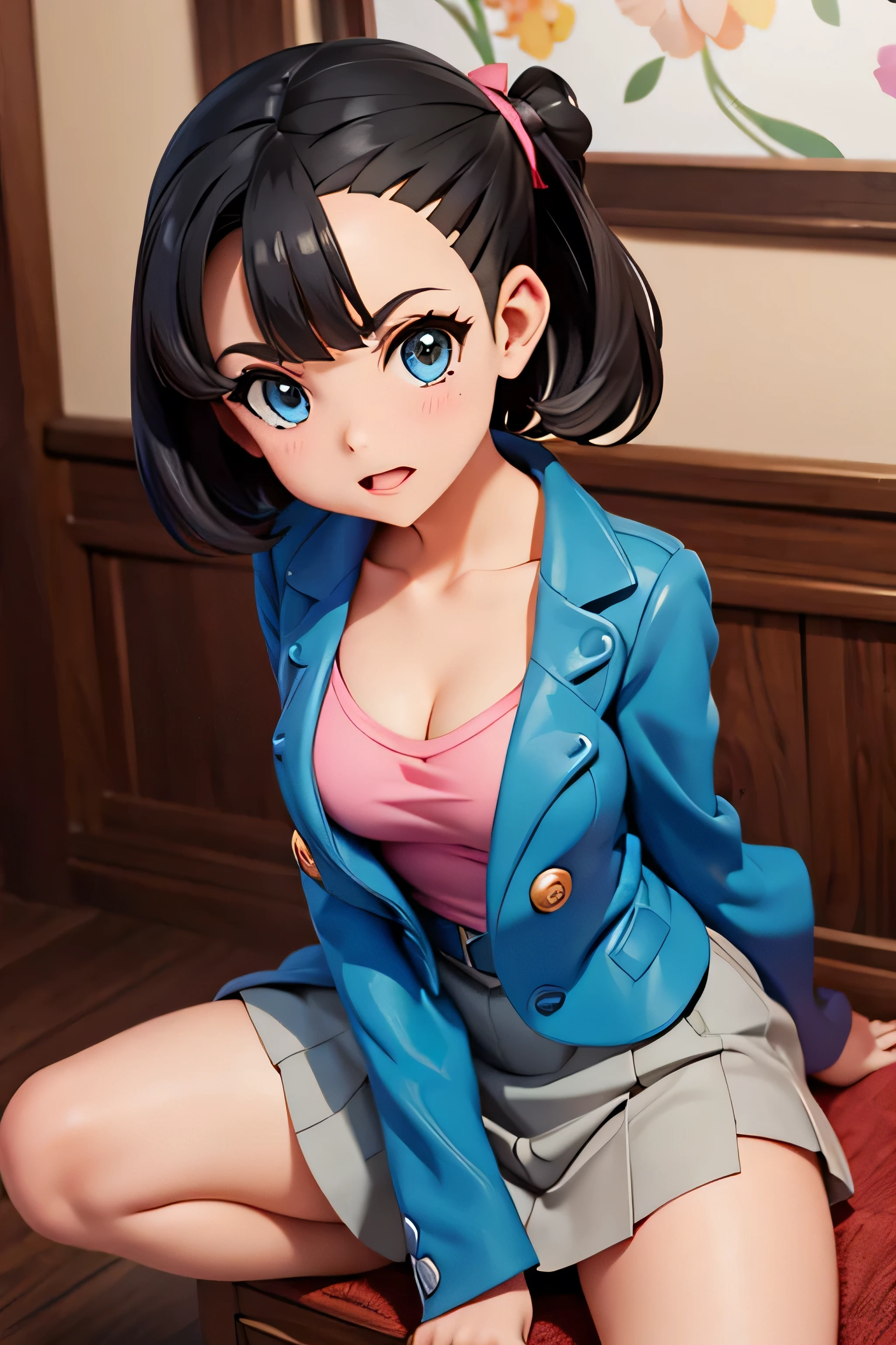 (8year old Marnie (pokemon)), ((small boobs)), thick lips, dark blue eyes, brown jacket, (cleavage), short hair, black hair, teeth, wide mouth, ((sitting on a big man)), ((tiny body)),