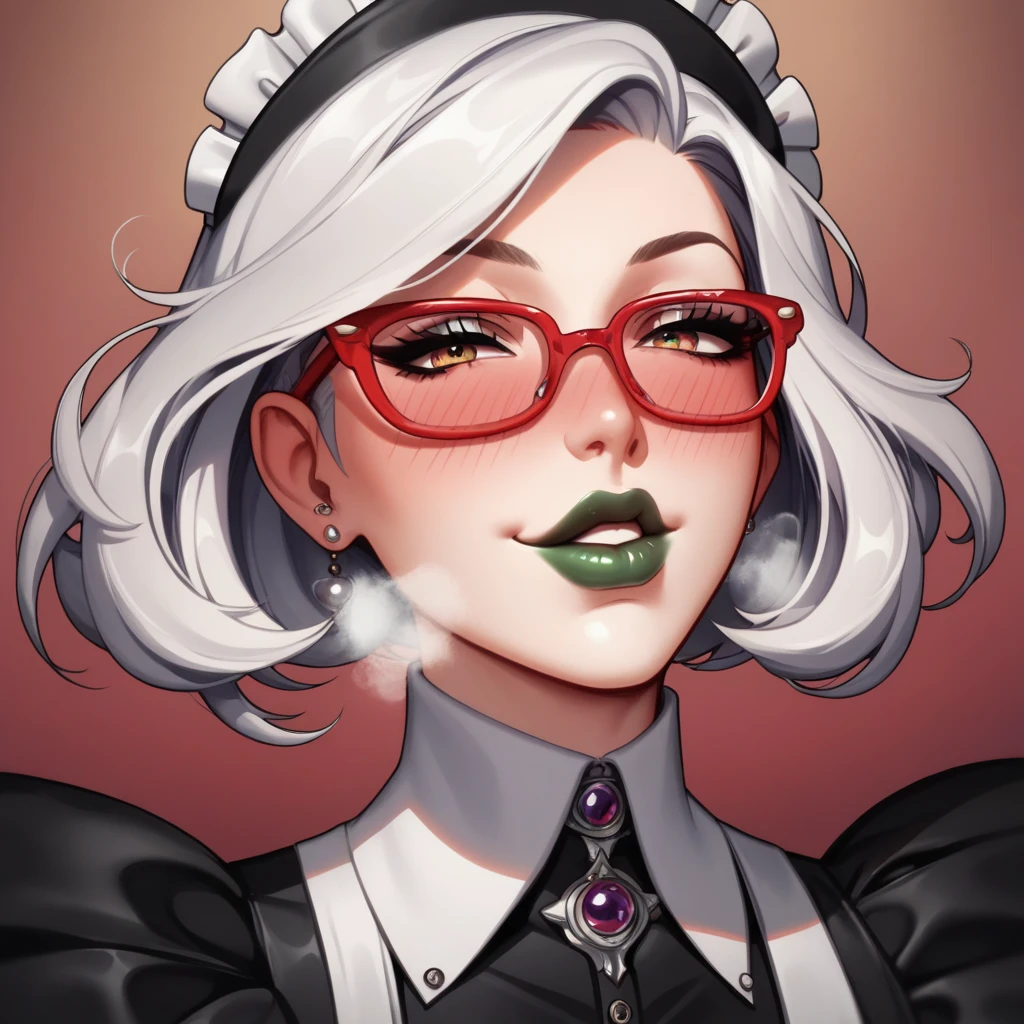 female, green lip gloss , strands of hair , long tail, shiny white hair,  maid headwear,  red glasses with frame , full blush,  ajar lips ,  Seductive smile ,  heavy breathing , framed, tachi-e, stereogram, contract,  Textured leather ,  masterpiece fails,  high resolution, 16 thousand., 1080P，Top focus 
