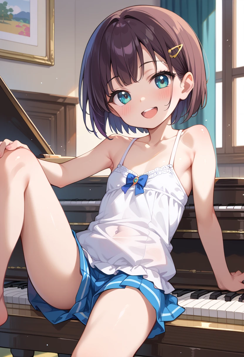 (( top quality )), ((masterpiece)), (be familiar with),  perfect face, indoor, bedroom,  watching viewers ,
One woman, Mikazuki Kan,
 open mouth,  ecstatic expression beside the piano, blush, smile,
 small ,  flat chest, Young girl, Lori,  kids,  girl,
Short Hair,  short hair,
Leg spread,