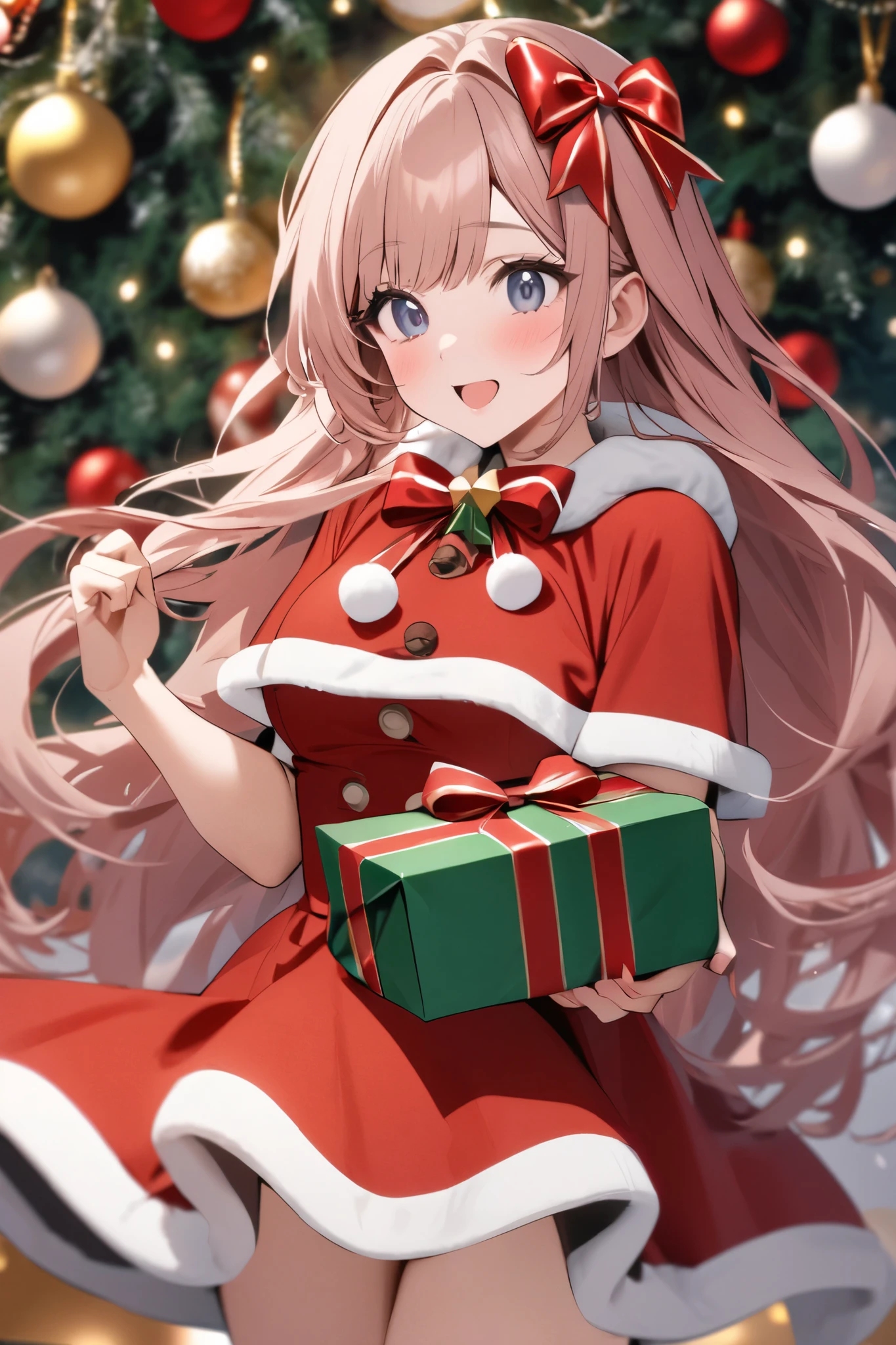  with a big red bow on the back of her head   ,  Her hair color is pink gold 、 a woman wearing a green and red Santa Claus dress 、 is holding a Christmas present on a Christmas-themed background 

