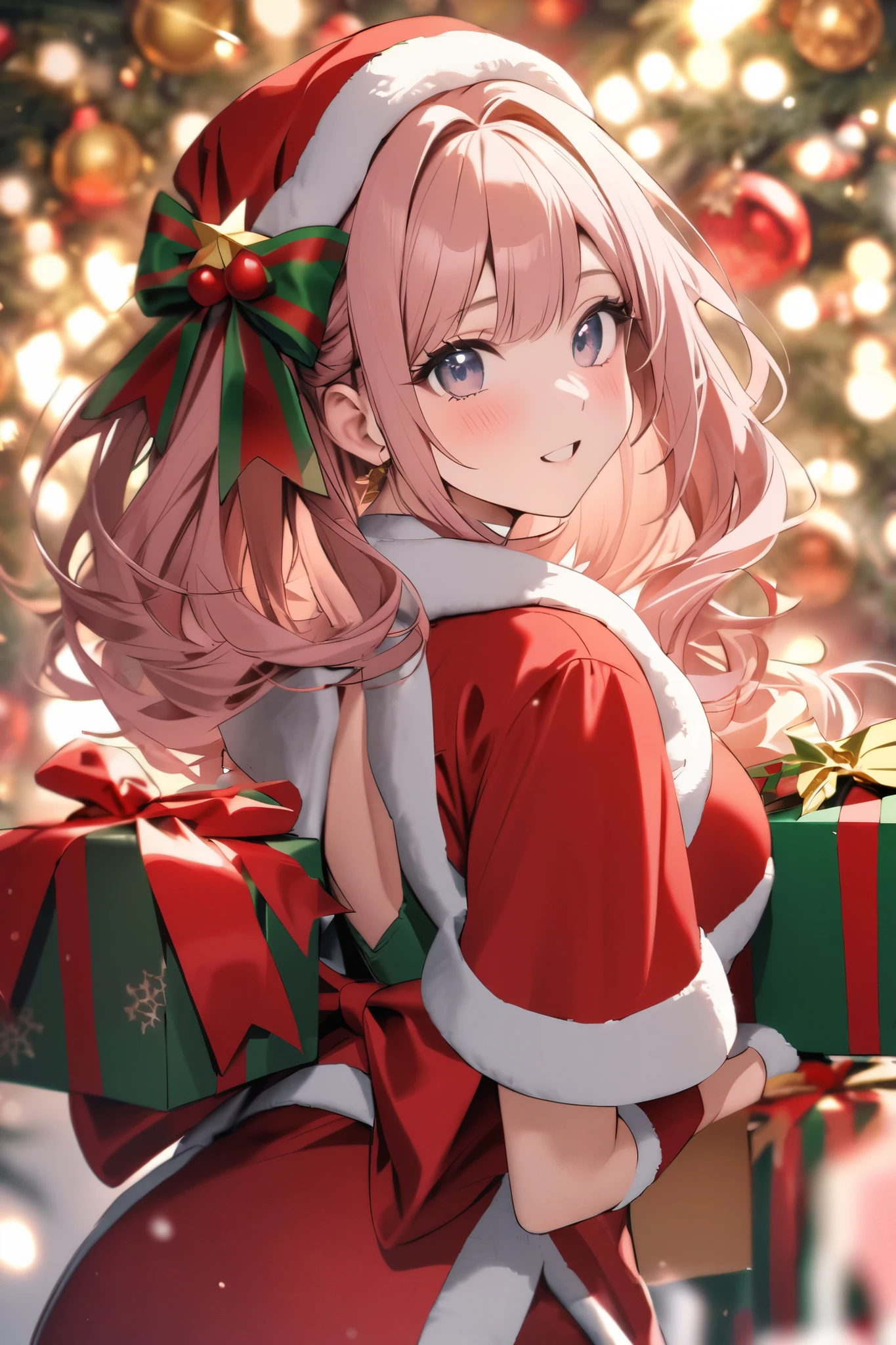  with a big red bow on the back of her head   ,  Her hair color is pink gold 、 a woman wearing a green and red Santa Claus dress 、 is holding a Christmas present on a Christmas-themed background 

