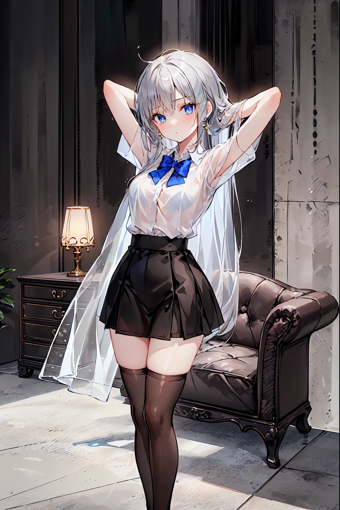 ((( 1 girl)), ray tracing ,(Dim lighting),[ detailed background ( living room)),(( Silver Hair)),( Silver Hair)),((Fluffy  Silver Hair,  plump and slender girl ))  feature high ponytails ))) Avoid golden eyes in the ominous  living room (((( girl wearing a white see-through shirt ,  Wear black stockings over a distorted skirt with black wrinkles),  Showing a delicate, slender figure and graceful curves  , Correct limbs, Hands behind head, Hands behind head, Hands behind head , Eye details,  beautiful eyes,  delicate eyes ,  blue eyes