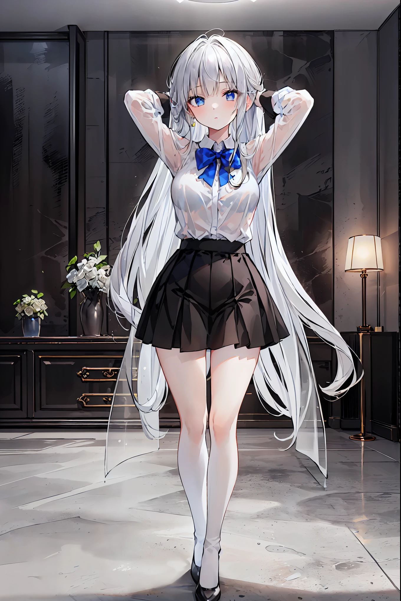 ((( 1 girl)), ray tracing ,(Dim lighting),[ detailed background ( living room)),(( Silver Hair)),( Silver Hair)),((Fluffy  Silver Hair,  plump and slender girl ))  feature high ponytails ))) Avoid golden eyes in the ominous  living room (((( girl wearing a white see-through shirt ,  Wear black stockings over a distorted skirt with black wrinkles),  Showing a delicate, slender figure and graceful curves  , Correct limbs, Hands behind head, Hands behind head, Hands behind head , Eye details,  beautiful eyes,  delicate eyes ,  blue eyes