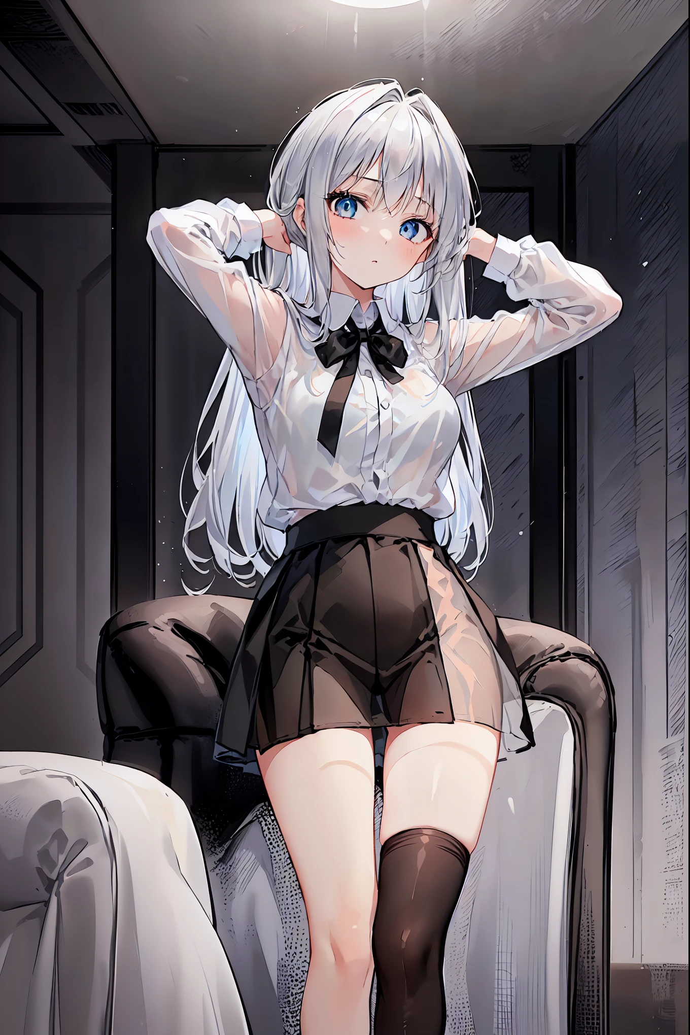 ((( 1 girl)), ray tracing ,(Dim lighting),[ detailed background ( living room)),(( Silver Hair)),( Silver Hair)),((Fluffy  Silver Hair,  plump and slender girl ))  feature high ponytails ))) Avoid golden eyes in the ominous  living room (((( girl wearing a white see-through shirt ,  Wear black stockings over a distorted skirt with black wrinkles),  Showing a delicate, slender figure and graceful curves  , Correct limbs, Hands behind head, Hands behind head, Hands behind head , Eye details,  beautiful eyes,  delicate eyes ,  blue eyes