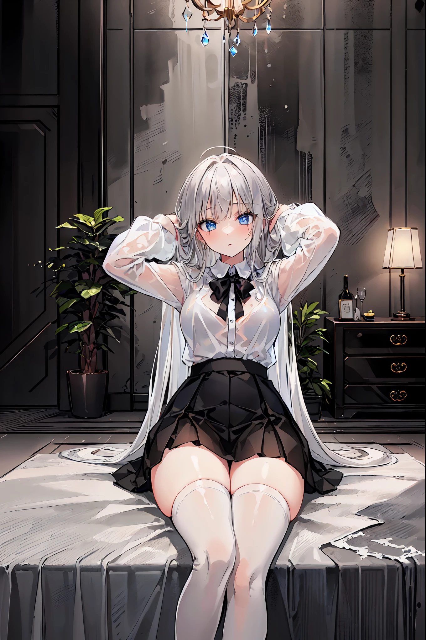 ((( 1 girl)), ray tracing ,(Dim lighting),[ detailed background ( living room)),(( Silver Hair)),( Silver Hair)),((Fluffy  Silver Hair,  plump and slender girl ))  feature high ponytails ))) Avoid golden eyes in the ominous  living room (((( girl wearing a white see-through shirt ,  Wear black stockings over a distorted skirt with black wrinkles),  Showing a delicate, slender figure and graceful curves  , Correct limbs, Hands behind head, Hands behind head, Hands behind head , Eye details,  beautiful eyes,  delicate eyes ,  blue eyes