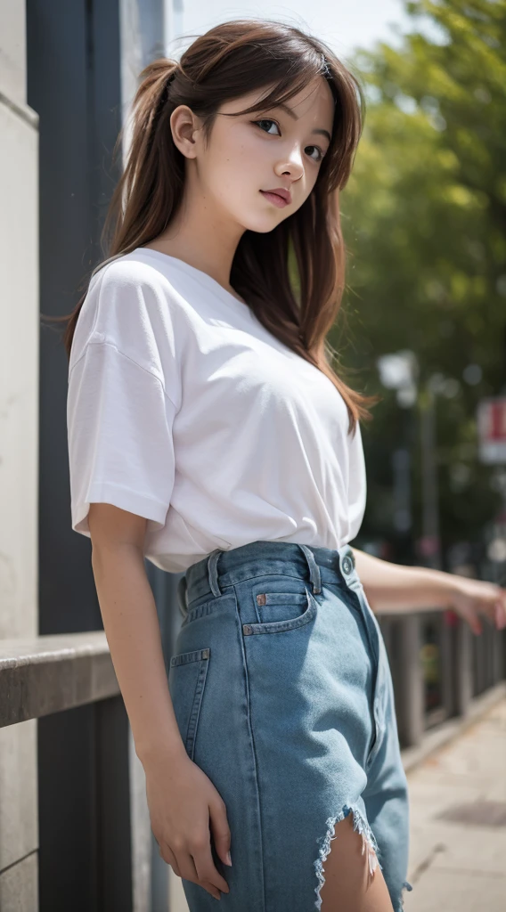 UHD, high quality, highres, 8k, Wearing a white tshirt and blue jeans pants, standing in the a fantasy town in a realistic beautiful style and the rain falling down slowly from gray sky, she is looking to camera, sadness , Photos taken with Nikon D750, Photos taken with Nikon D750, Inspired by Li Di, Asian women 16 years old