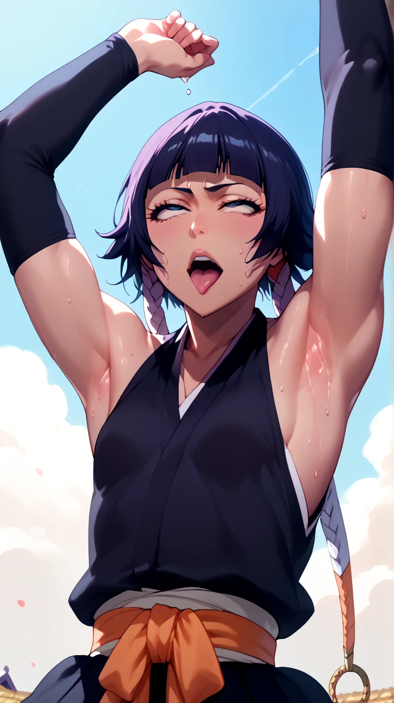 a picture, inspired by Kentaro Miura, trending on pixiv, soifon from bleach, black uniform, favorite scene, fine details, skins, sweating, small breasts, both hands raised, armpits, armpits visible, dripping with sweat, more more sweat, Japanese clothes,open mouth,rolling eyes,muscle,kneel down,open legs,For the audience, Looking at the audience, tired, From below,(small breasts),sexy body,perfect body.