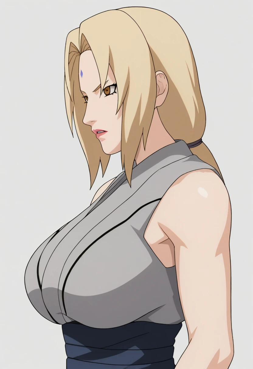 score_9, score_8_ up, score_7_ up,
ツ,  1 girl, Alone, Tsunade  (Naruto), ( Watch viewers), Blonde,  Roth Tails, Mark on the forehead,  brown eyes,  Big Breasts , Grey kimono,  sleeveless kimono, Bare shoulders,  clevis on a stone,  nail polish , Red nails, 
make up,
throw, the above,  arm-crossed, from side, 
Serious, Open lips, 
White background,  simple background,  perfect lighting,
