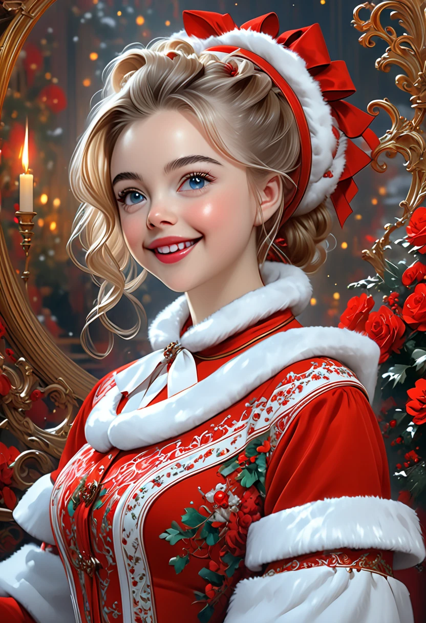 young. Mrs Claus.Sabrina Carpenter, Scarlett Johanson, Chloe Bennett. Official Art, Award Winning Digital Painting, Digital Illustration, Extreme Detail, 4k, Ultra Hd, Rococo, Polished, Intricate, Realistic Fantasy Art, Sharp Focus, Concept Art, Art By Wlop, Artgerm, (2d Vector Illustration)  pose. young. youthful.  Jolly, happy, joyful, cheerful. Background is a cheerful room with a roaring fire. Pretty, attractive. elegant. auburn hair.
