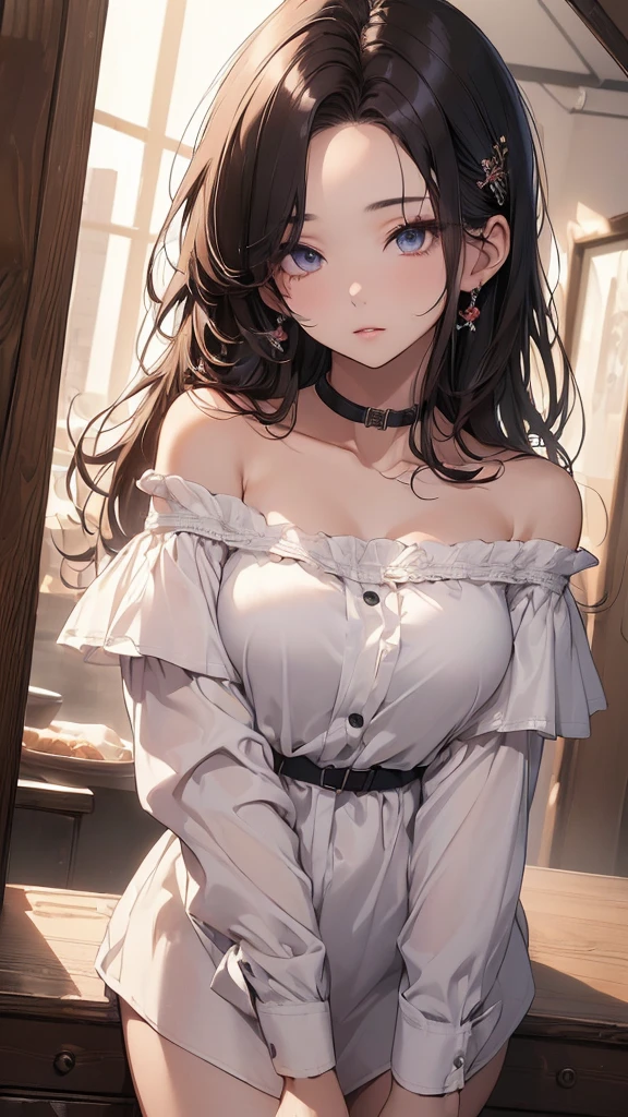 (8k、Best image quality、highest quality、masterpiece)、Detailed face、One girl、Black Hair、Medium Hair、layered、stray hair 、blunt bangs、Grey Eyes、Earrings、Moderate breasts、((White knit))、Off the shoulder、Strapless、thighs、Cowboy Shot、Bedroom Background