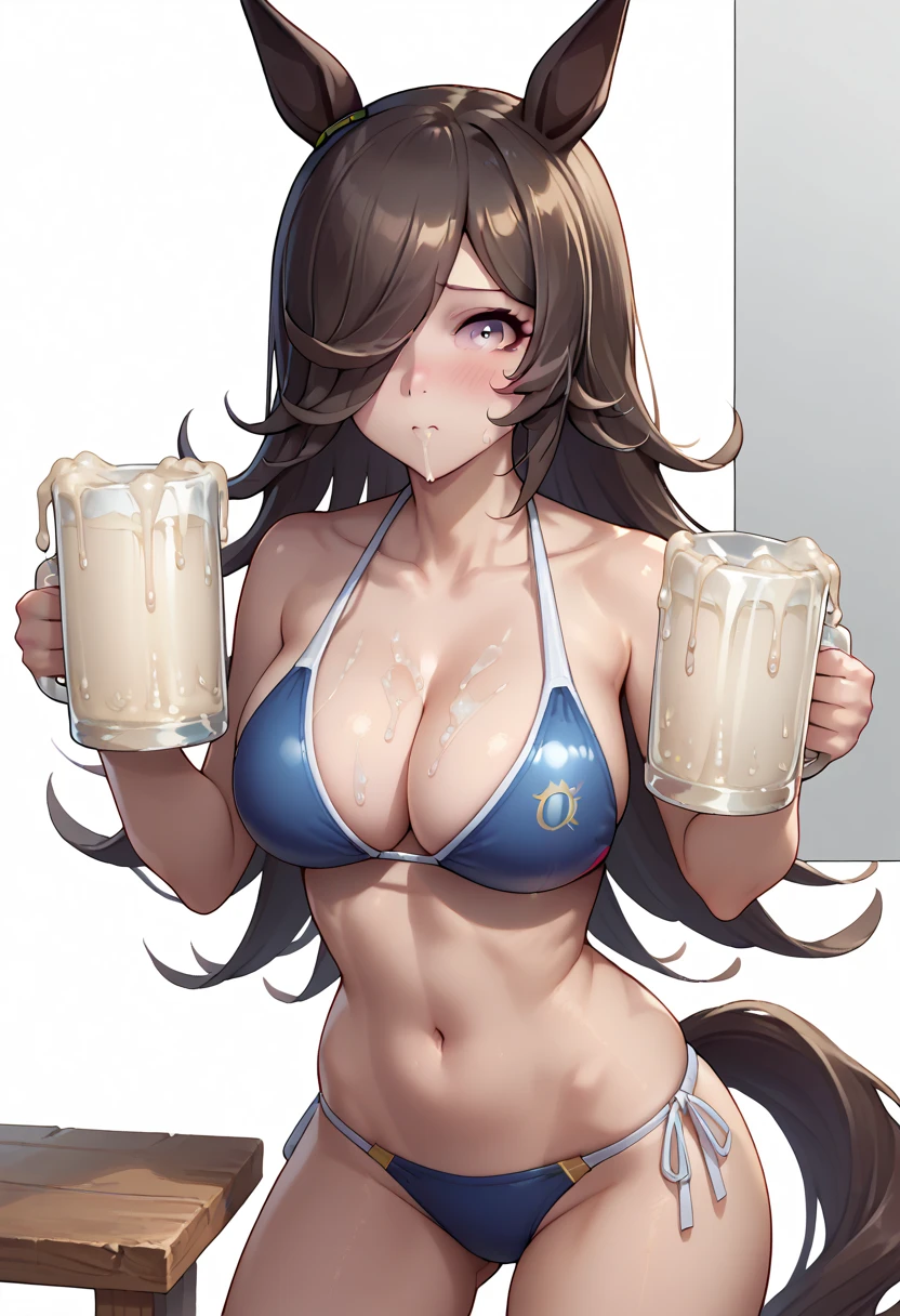 score_9,score_8_up,score_7_up, glassgokkun, 1girl, solo, cum in container, large breasts, black hair,  swimsuit, gokkun, bikini, cleavage, white background, long hair, beer mug, bangs, cum, rice shower (umamusume), horse ears, solo, animal ears, swimsuit, hair over one eye, horse tail, horse girl, tail, long hair, navel, blush,