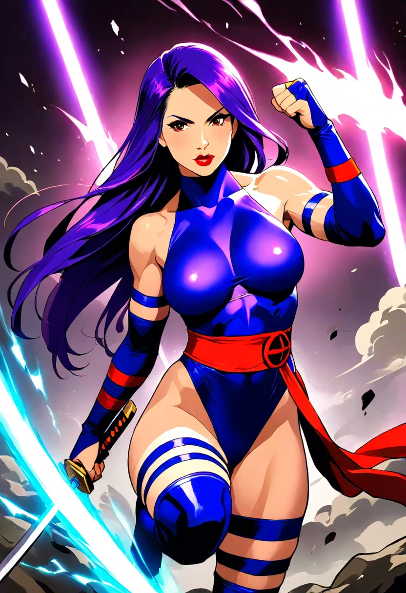 psylocke, 1girl, waist sash, sword, gloves, energy blade, halterneck, highleg, impossible clothes, holding sword, arm strap, holding weapon, glowing, thigh strap, bridal gauntlets, superhero costume, thighhighs, impossible leotard, turtleneck, halter leotard, energy, toned, red sash, highleg leotard, clenched hand, makeup, leotard, thigh boots, elbow gloves, lipstick, sash, ninja, lips, weapon, long hair, skin tight, boots, thighs, animification, katana, 