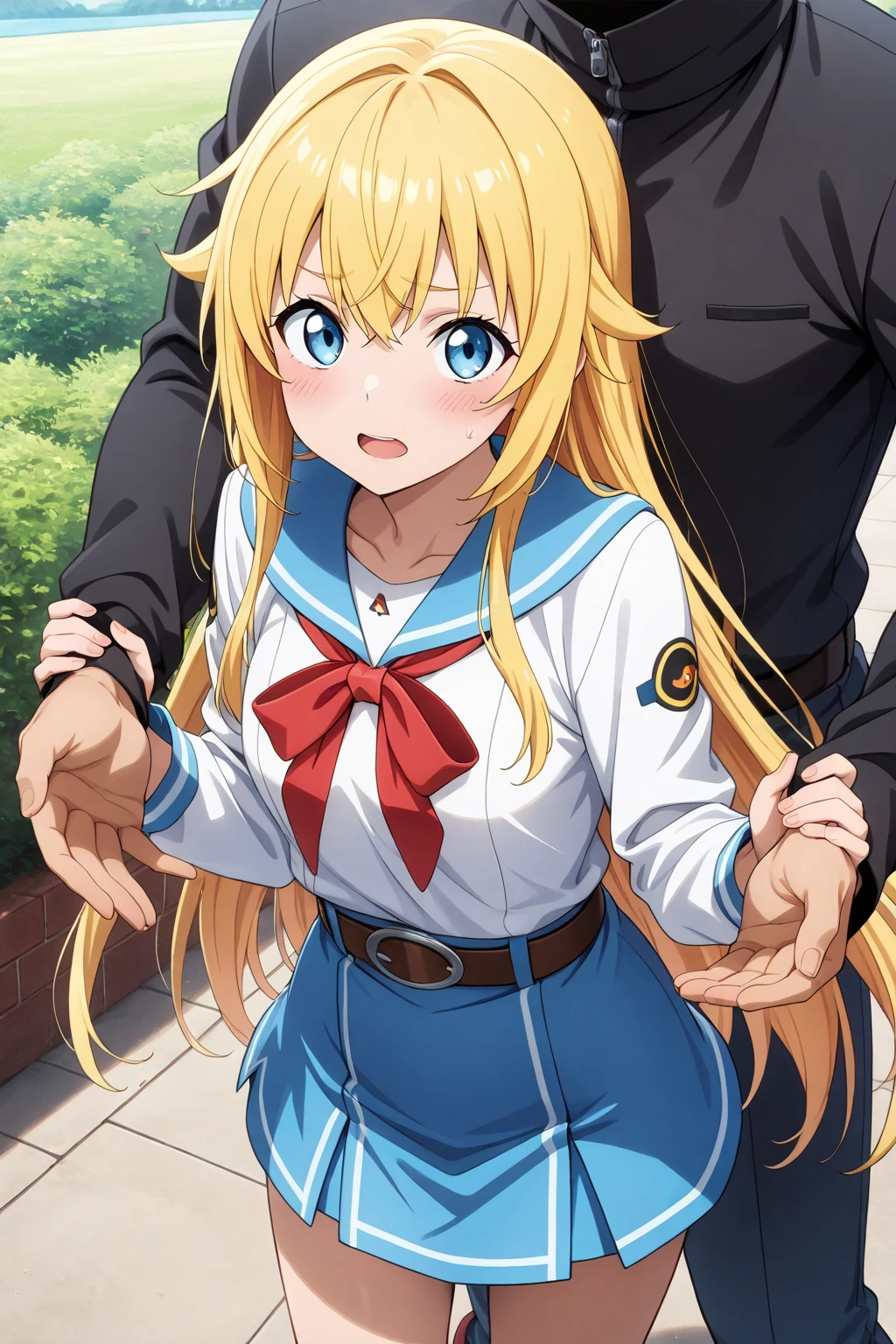 (coin), coin, opening jacket, 1girl, woman, sexy, detailed, dazed expression, thick thighs, school girl, school uniform, (blonde hair), (tan skin), jacket, closet background, medium breasts,