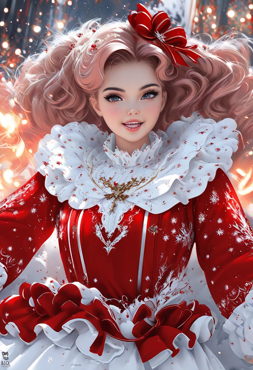 young woman. Mrs Claus. merg of Sabrina Carpenter, Scarlett Johanson, Chloe Bennett. Official Art, Award Winning Digital Painting, Digital Illustration, Extreme Detail, 4k, Ultra Hd, Rococo, Polished, Intricate, Realistic Fantasy Art, Sharp Focus, Concept Art, Art By Wlop, Artgerm, (2d Vector Illustration) pose. young. youthful. Jolly, happy, joyful, cheerful. Background is a cheerful room with a roaring fire. Pretty, attractive. elegant. auburn hair.
