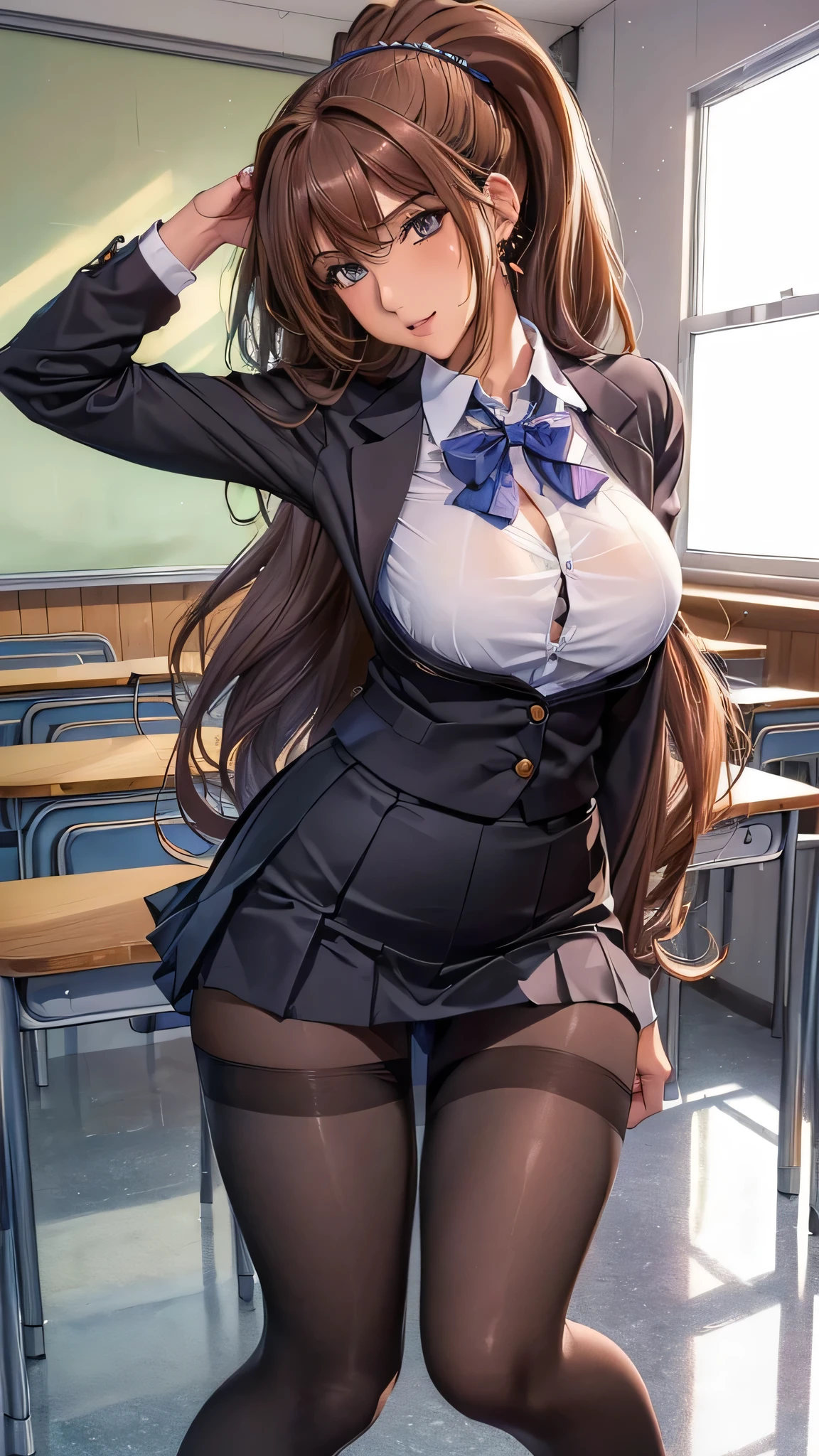 (masterpiece, high definition , top quality :1.3), professional artwork, 8k, very detailed,((( gal))),(( PLEATED MINI SKIRT )),(( high school girl)),(( school uniform)),(( pantyhose)),(((Mature Woman))),((( sexy panties))),((blouse)),(( beautiful feet)),((open-chest)),(((Big Breasts))),((Long, long hair)),(( ponytail)), squats, school classroom, Open Your Legs Big