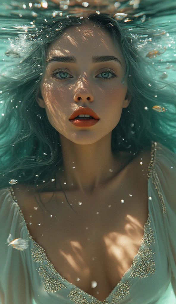 4K UHD realistic photography, beautiful woman, smooth skin Long, light green hair flowing. Wear a light slit dress. Decorated with gold and blue sequins. Show bare chest and shoulders Have fun swimming in the sea. with coral, beautiful fish, bokeh light