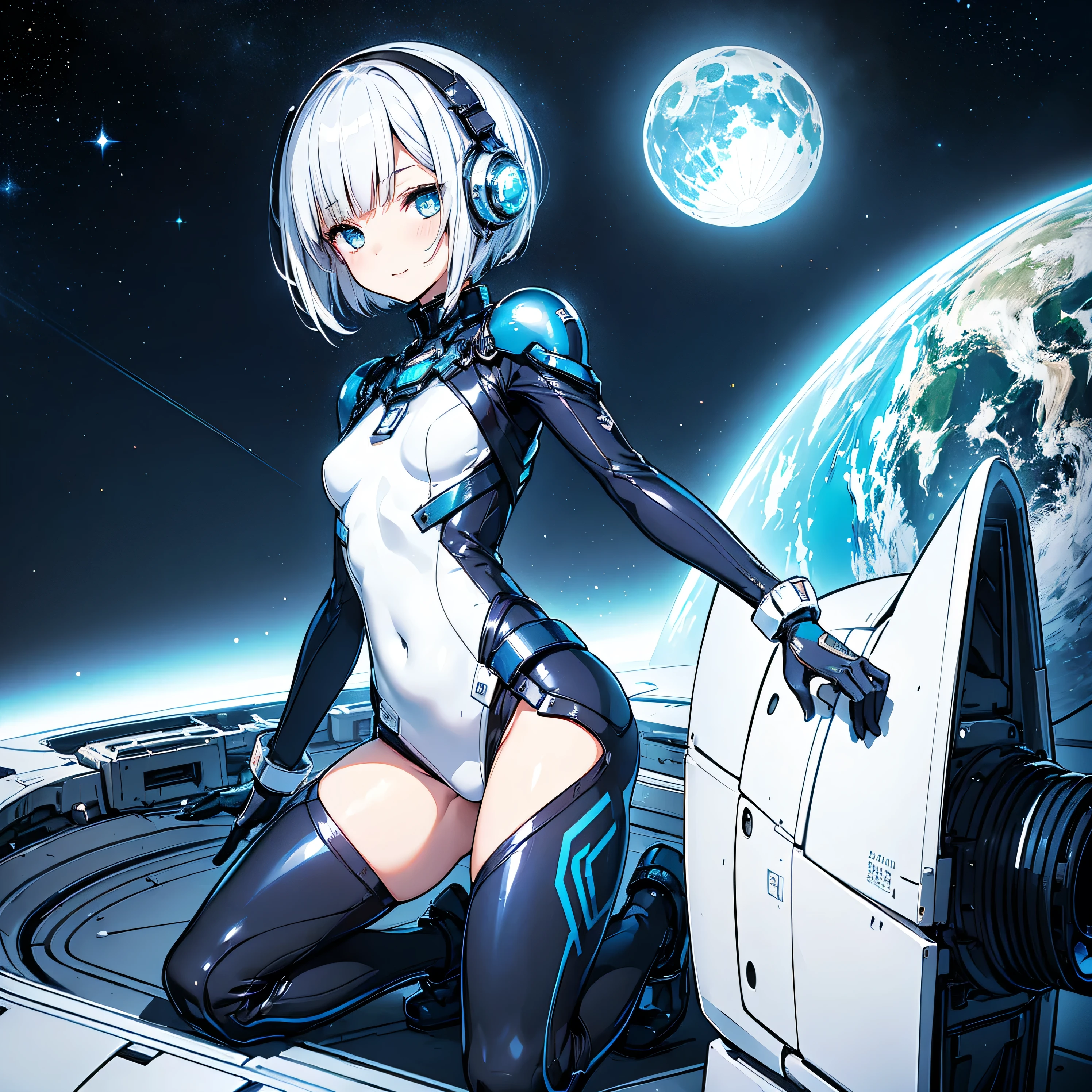 (masterpiece、 top quality 、 highest resolution、 clear_image、 Detailed Details): (Whole body、A 20 year old girl、Japanese Faces、 small face、 slender、 dark blue super short bob cut hair、(Hidden small breasts:1.3)、Sparkling blue eyes 、 white, blue, and black shiny pilot suit、Chest protection armor、Tight fitting clothes、Clothing that covers the whole body、Glamorous clothes、 tight fit pants 、Hide your skin、 very delicate and beautiful、Detailed Skin、Hide your thighs、Hide your ass、 cute、A gentle smile、Soft expression、heroine、 headset、 long boots、Elbow-length gloves、 eye level shot、Peace talks between warring factions,attention arousal, Clever Blue Eyes,Face directly、 woman on a spaceship )、 background、Moon in the background、shiny pilot suit in white, blue and black colors with galaxy clouds on the background 