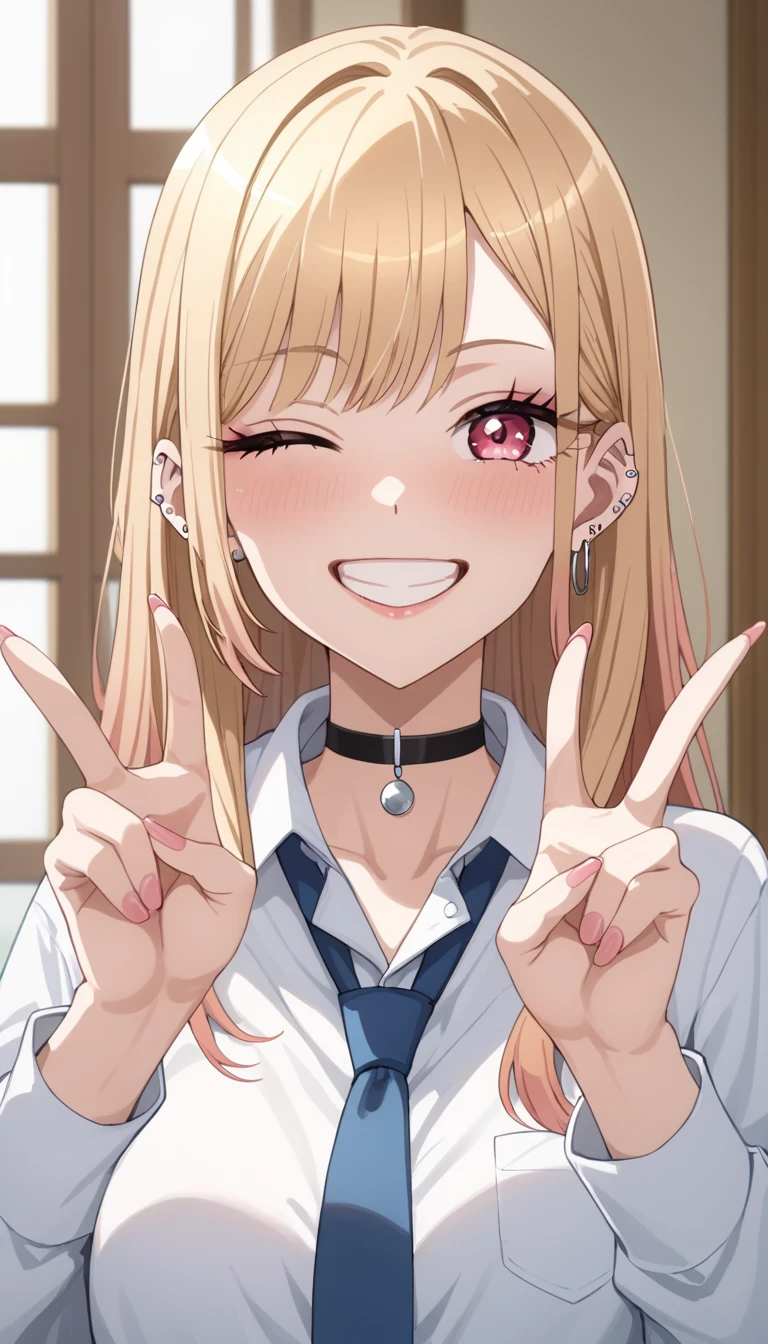 (masutepiece, Best Quality, hight resolution, nffsw, Perfect Pixel, depth of fields, 4K), Beautiful anime girl, Perfect body ,,, kitagawa marin sb, long hair, blonde hair, red eyes, multicolored hair, earrings, school uniform, choker, white shirt, pleated skirt, blue skirt , ,, (heart hands:1.2), flower garden, many flower , smile , open mouth, outdoor,
