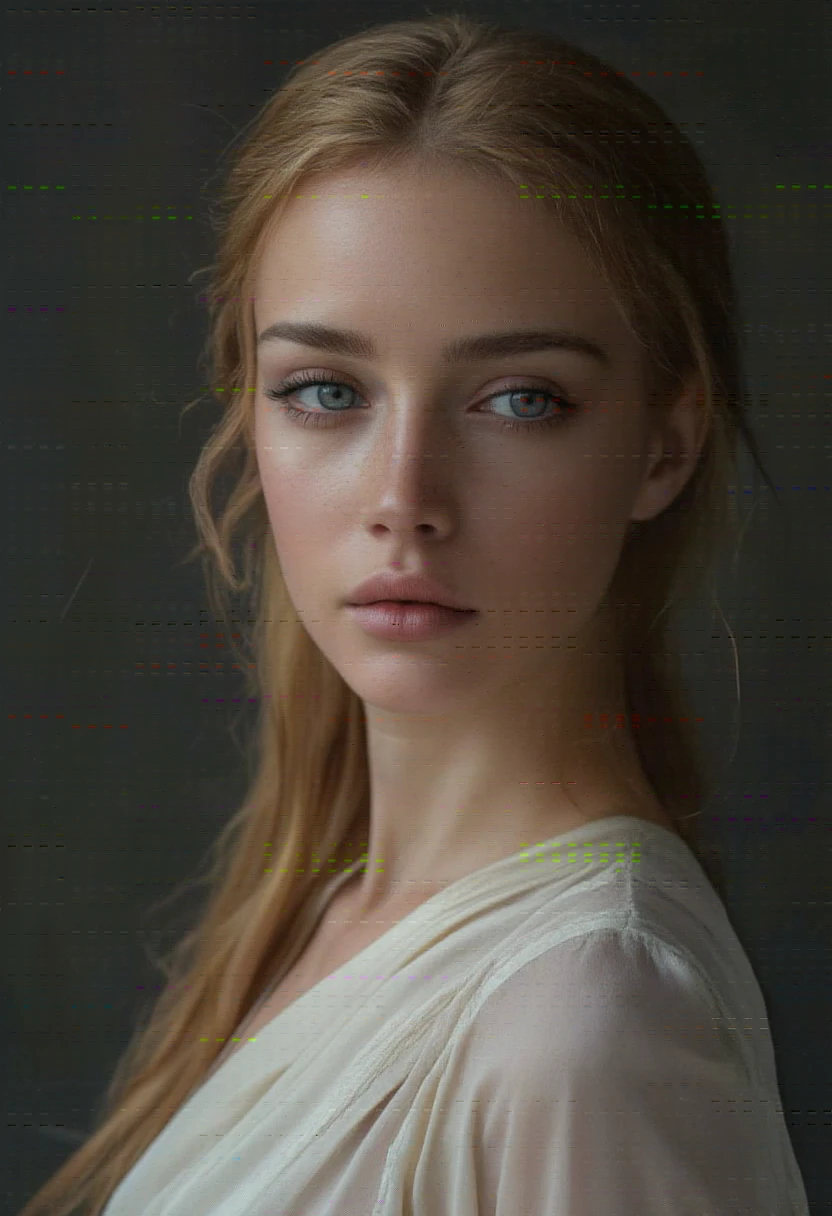 1girl, solo, blonde hair, ponytail, freckles, shirt, long hair, realistic, white shirt, blurry background