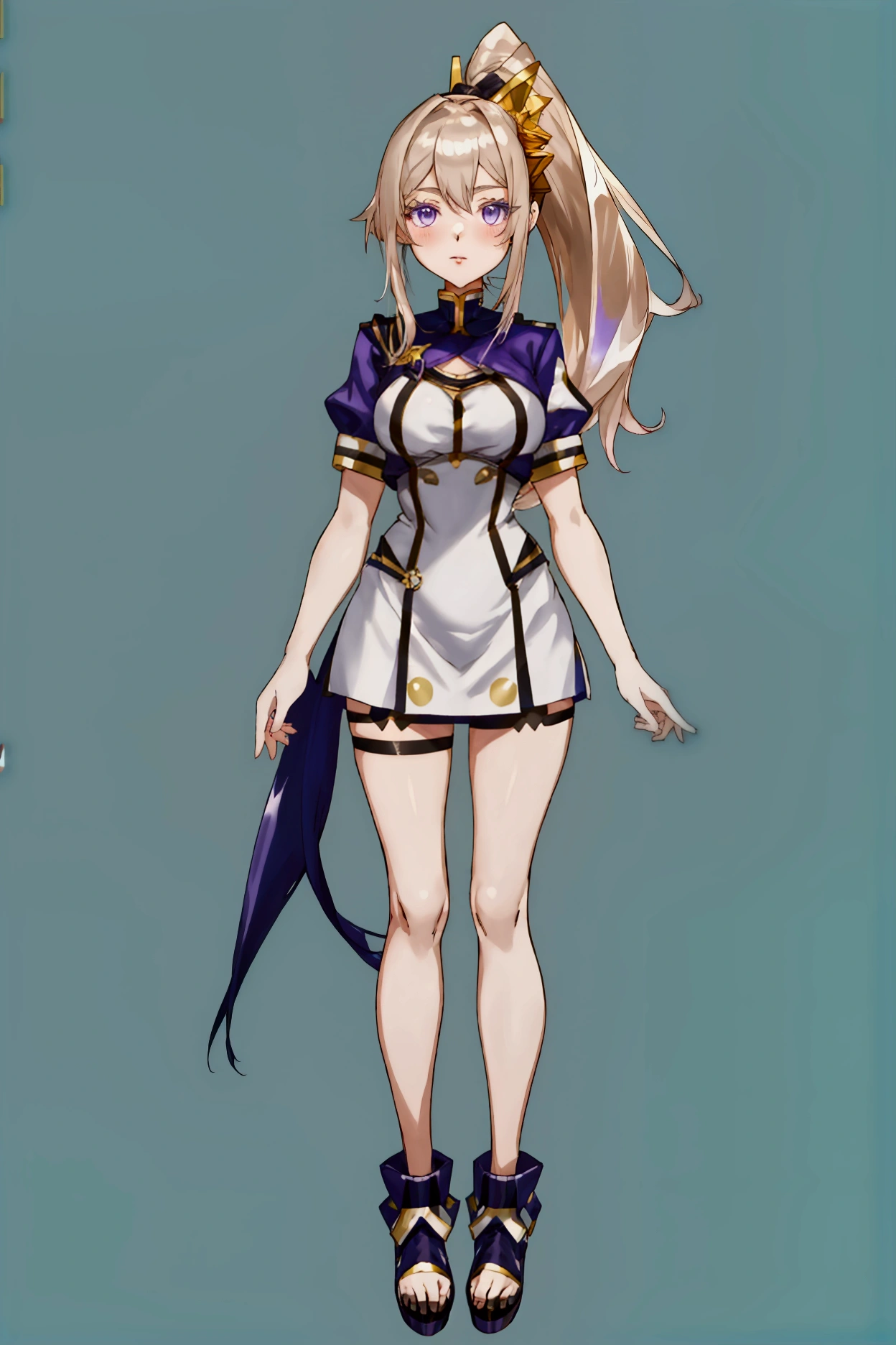 (full body), ((simple blue chroma background)), 22-year-old ponytail hair (straight hair), purple eyes, anime-long style 2000, short dress tight with golden detailing, breasts bigger than her head, flirty look, lipstick, 4k, hd, self-definition, good image quality and lined, (vtuber-fullbody),