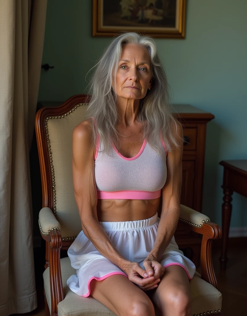 1 skinny old anorexic, anorexic, 75 years, similar to Deborah Harry, ((halF length body portrait, sad appearance, mayores de 75 years, naturally old but very sexy,)), Masterpiece, Best Quality, super detailed, (((fitted white mini dress))), platinum blonde white mullet hairstyle, very dark dramatic eye makeup and long eyelashes, thick red lips, small round breasts with small pink nipples, small round pasty white anorexic ass, tiny waist, anorexic extra skinny veiny arms, muscular and veiny anorexic arms, extra skinny veiny anorexic muscular extra thin legs, Spectacular light indoors indoors with a skylight., F/5.6 bokeh drama inside an abandoned Factory building, she is leaning on a wooden and metal workbench, a wide sexy smile looking directly into the camera, (Film grain: 1.3), backlight, (lens Flare: 1.1), (halo: 1.1), (chromatic aberration: 1.1), (warm tones, warm tones), envejeciendo viejo 75 years muy flaca anoréxica delgada sexy Deborah Harry doble, Hard, erect nipples are clearly visible through the dress., she is such a hot gilf, aging wrinkled and spotted Freckled Face