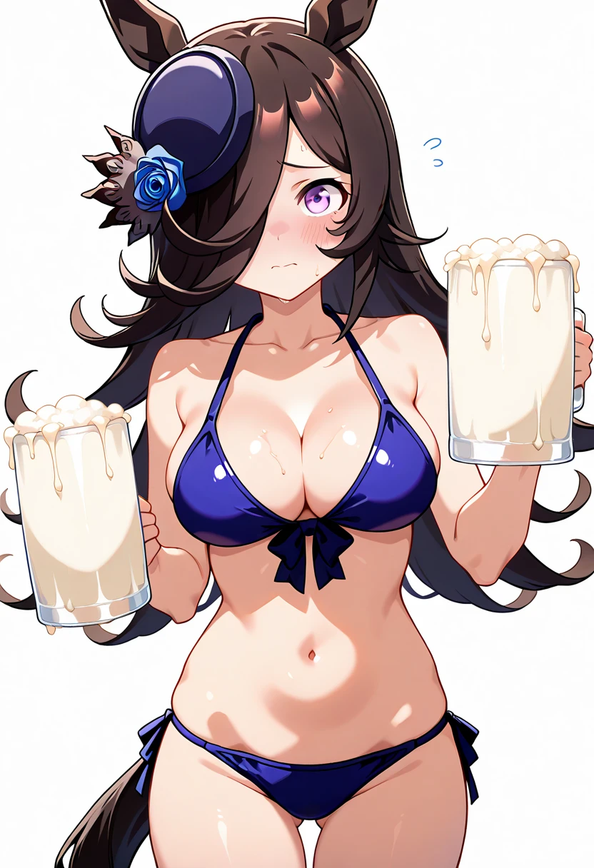 score_9,score_8_up,score_7_up, glassgokkun, 1girl, solo, cum in container, large breasts, black hair,  swimsuit, gokkun, bikini, cleavage, white background, long hair, beer mug, bangs, cum, rice shower (umamusume), horse ears, solo, animal ears, swimsuit, hair over one eye, horse tail, horse girl, tail, long hair, navel, blush,