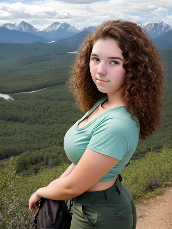 19-year-old lithe American woman, tired, out-of-breath, curly dark auburn hair, plain tee shirt, cargo pants, hiking boots, (long hair), (((big giant enormous oversized massive huge colossal breasts))), back country hiking in the mountains