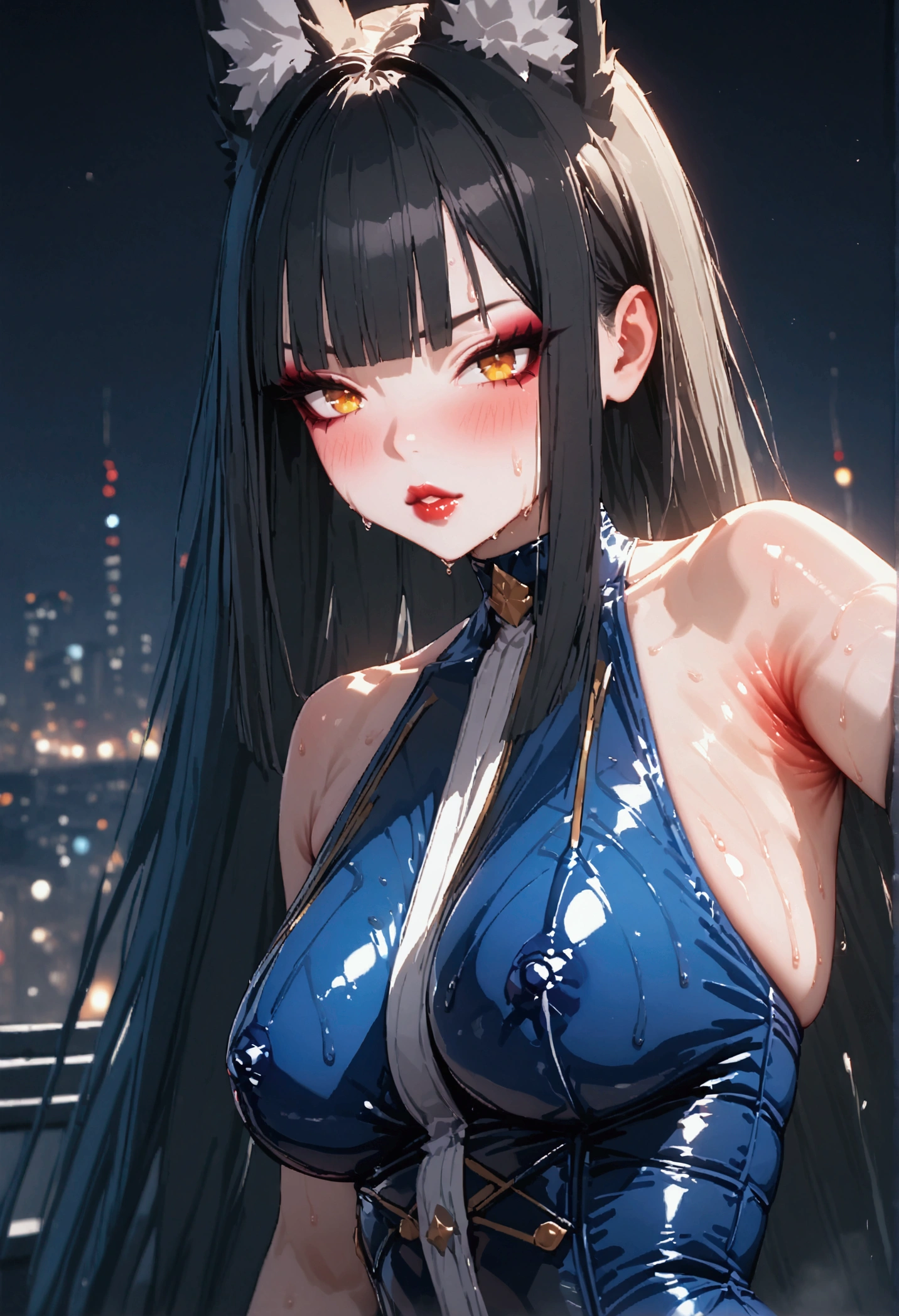 Miyabi, Night view, Beauty, Beautiful eyes, blush, uhd, retina, masterpiece, ccurate, anatomically correct, textured skin, super detail, high details, high quality, best quality, highres, knee high boots, gloss lips, lipstick, 4K, eyeshadow, eyeliner, blush, long hair, lipstick, long eyelashes, evil grin, blue latex, sweaty armpits, fox ears