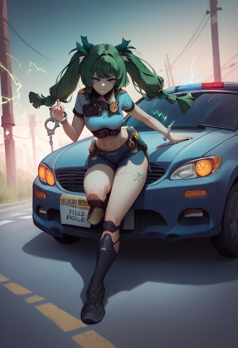 electricity, walkie-talkie, handcuffs, police car, police lights, highway, AddXL, 1girl,solo, breasts, Masterpiece,hair two pigtails,green hair, green eyes,blue top police, shorts, zenless zone zero Qingyi