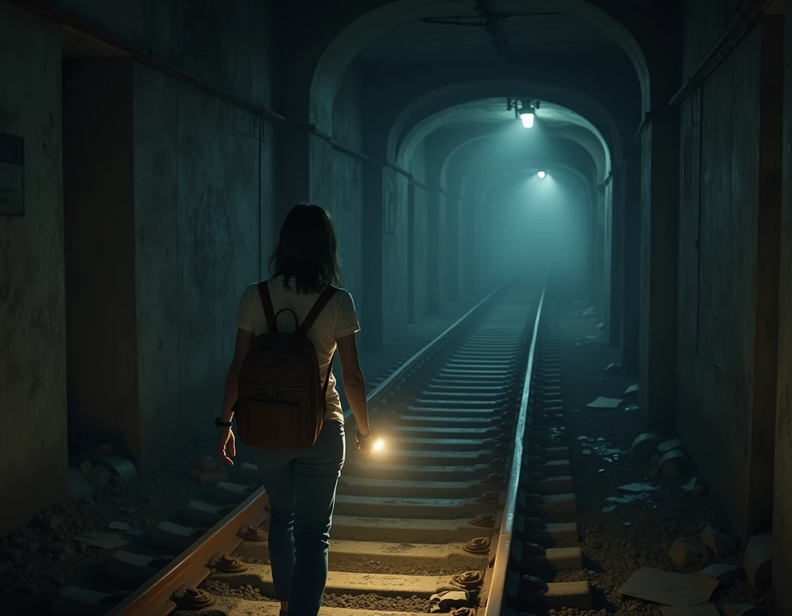 A girl 25 year old is is inside a subway tunnel. white shirt and blue jeans. She have a brown backpack and is she is using a flashlight to explore the tunnel.