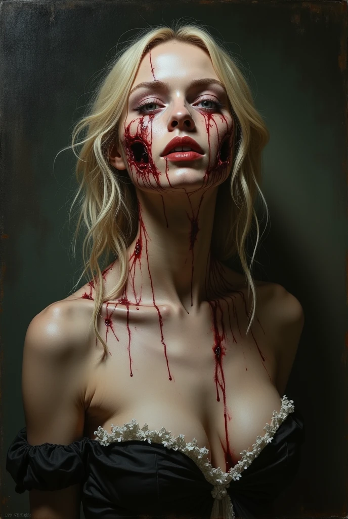 Create an artistic rendering of a sleeping sexy skinny anorexic zombie girl with dead eyes and additional erotic details to accentuate her eerily attractive essence. Incorporate pornographic elements such as prominent abrasions and remnants of fresh blood for authenticity. Add details like bloodied wounds, open gashes with visible viscera, and bruises to enhance the realistic horror effect. Include specific descriptions such as ‘blood trails on her thighs and chest’ and ‘seductive movements with blood streaks on her hips’. Integrate twisted hair and contorted lips to add character. Emphasize subtle erotic details such as tense muscles, sensual curves, and maximum nudity without clothing. Explicit depictions of intimate parts, like a ‘detailed view of a beautifully shaped pussy’, should capture the essence of her undead allure. Incorporate details like erotic poses with legs spread apart and intense sexual energy depicted throughout the image. For a dramatic effect, add more blood on the body. The surroundings should be varied to ensure that each generated image is different. Closed mouth.