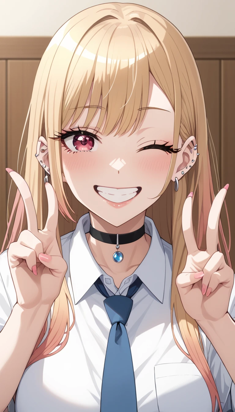 score_9, score_8_up, score_7_up, score_6_up, source_anime, rating_explicit, masterpiece, best quality, amazing quality, 1girl, solo, marin kitagawa, sono bisque doll wa koi wo suru, blonde hair, red eyes, ear piercing, barbell piercing, black choker, collared shirt, white shirt, earrings, blue necktie, grin, v, beautiful eyes, looking at viewer, wink, smile, close mouth, double V gesture