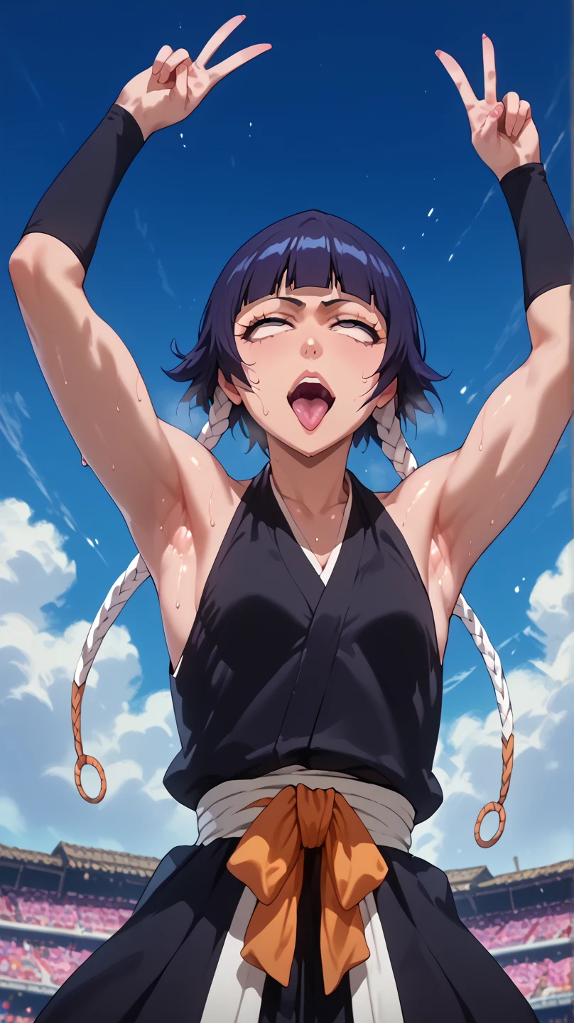 a picture, inspired by Kentaro Miura, trending on pixiv, soifon from bleach, black uniform, favorite scene, fine details, skins, sweating, small breasts, both hands raised, armpits, armpits visible, dripping with sweat, more more sweat, Japanese clothes,open mouth,rolling eyes,muscle,kneel down,open legs,For the audience, Looking at the audience, tired, From below,(small breasts),sexy body,perfect body.