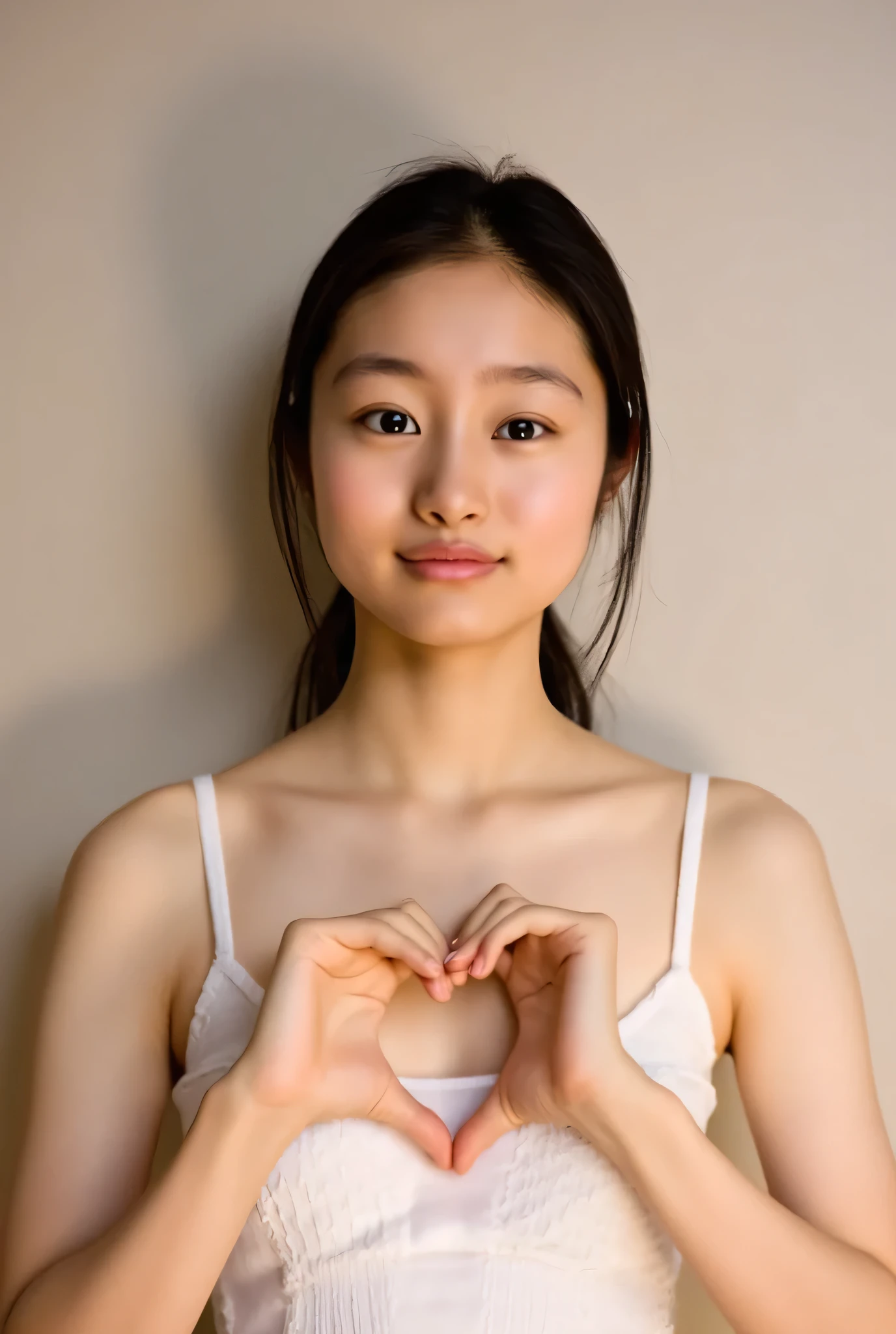 ｛ 1 woman with a cute smile： teardrop bags｝、｛ can be seen through、 pink bra｝。, { wearing a white ribbed camisole},  make a big heart with both hands , Hold it in front of your chest , View above the collarbone、  has a monotone background  、
