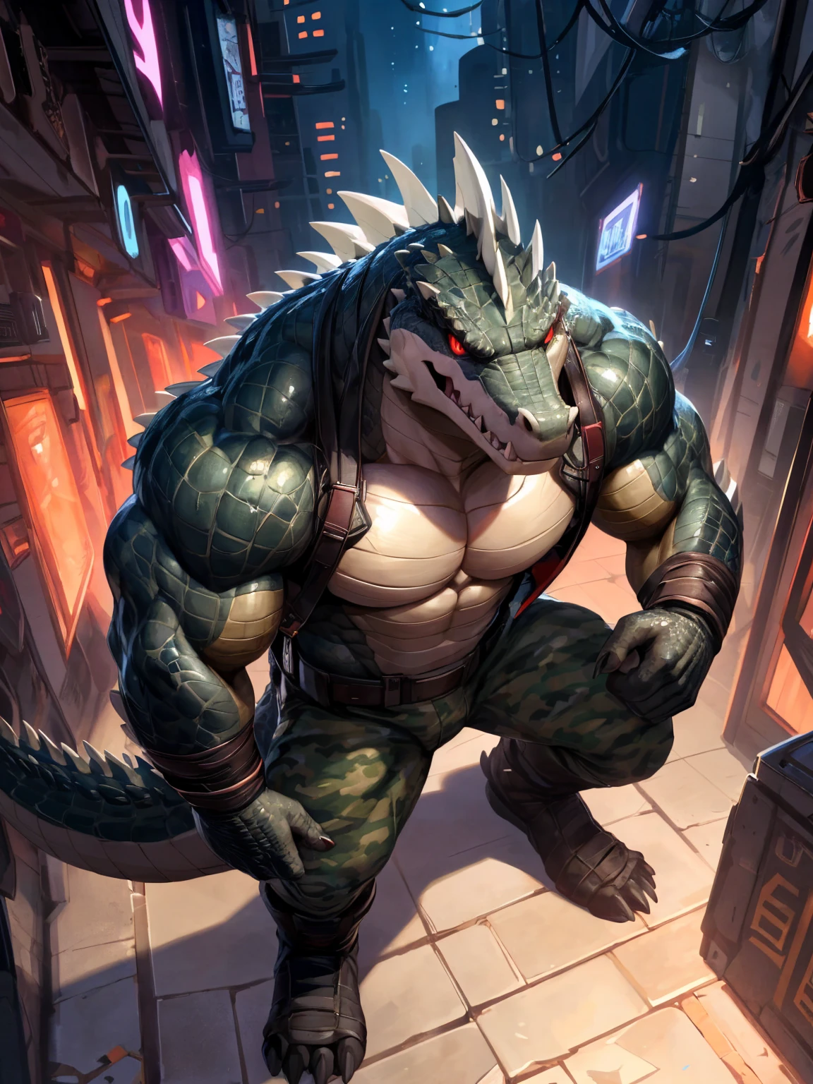 2d, masterpiece, best quality, 4k, 8k, ultra highres, raw photo in hdr, sharp focus, photo realism ,real life like, in a night city, detailed background, solo, topless, (gloves, mask, skin tight), big pink, sweat, (by null-ghost, by thebigslick, by darkgem, by honovy), dragon anthro, male focus, perfect golden eyes