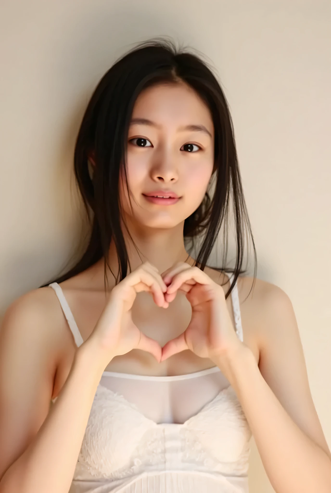 ｛ 1 woman with a cute smile： teardrop bags｝、｛ can be seen through、 pink bra｝。, { wearing a white ribbed camisole},  make a big heart with both hands , Hold it in front of your chest , View above the collarbone、  has a monotone background  、
