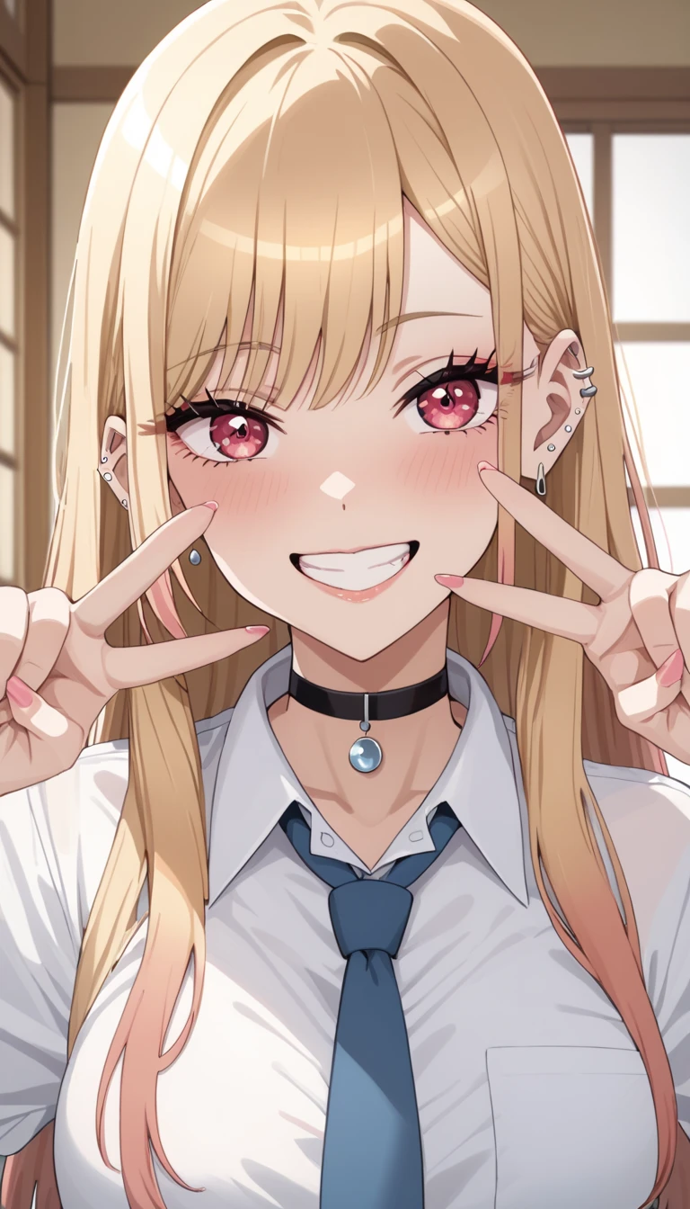 score_9, score_8_up, score_7_up, score_6_up, source_anime, rating_explicit, masterpiece, best quality, amazing quality, 1girl, solo, marin kitagawa, sono bisque doll wa koi wo suru, blonde hair, red eyes, ear piercing, barbell piercing, black choker, collared shirt, white shirt, earrings, blue necktie, grin, v, beautiful eyes, looking at viewer, smile, close mouth, double V gesture