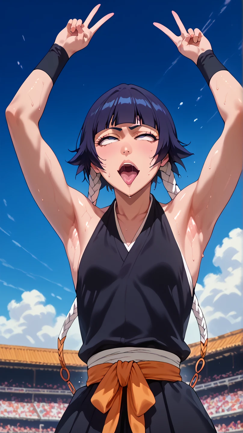 a picture, inspired by Kentaro Miura, trending on pixiv, soifon from bleach, black uniform, favorite scene, fine details, skins, sweating, small breasts, both hands raised, armpits, armpits visible, dripping with sweat, more more sweat, Japanese clothes,open mouth,rolling eyes,muscle,kneel down,open legs,For the audience, Looking at the audience, tired, (small breasts),sexy body,perfect body.