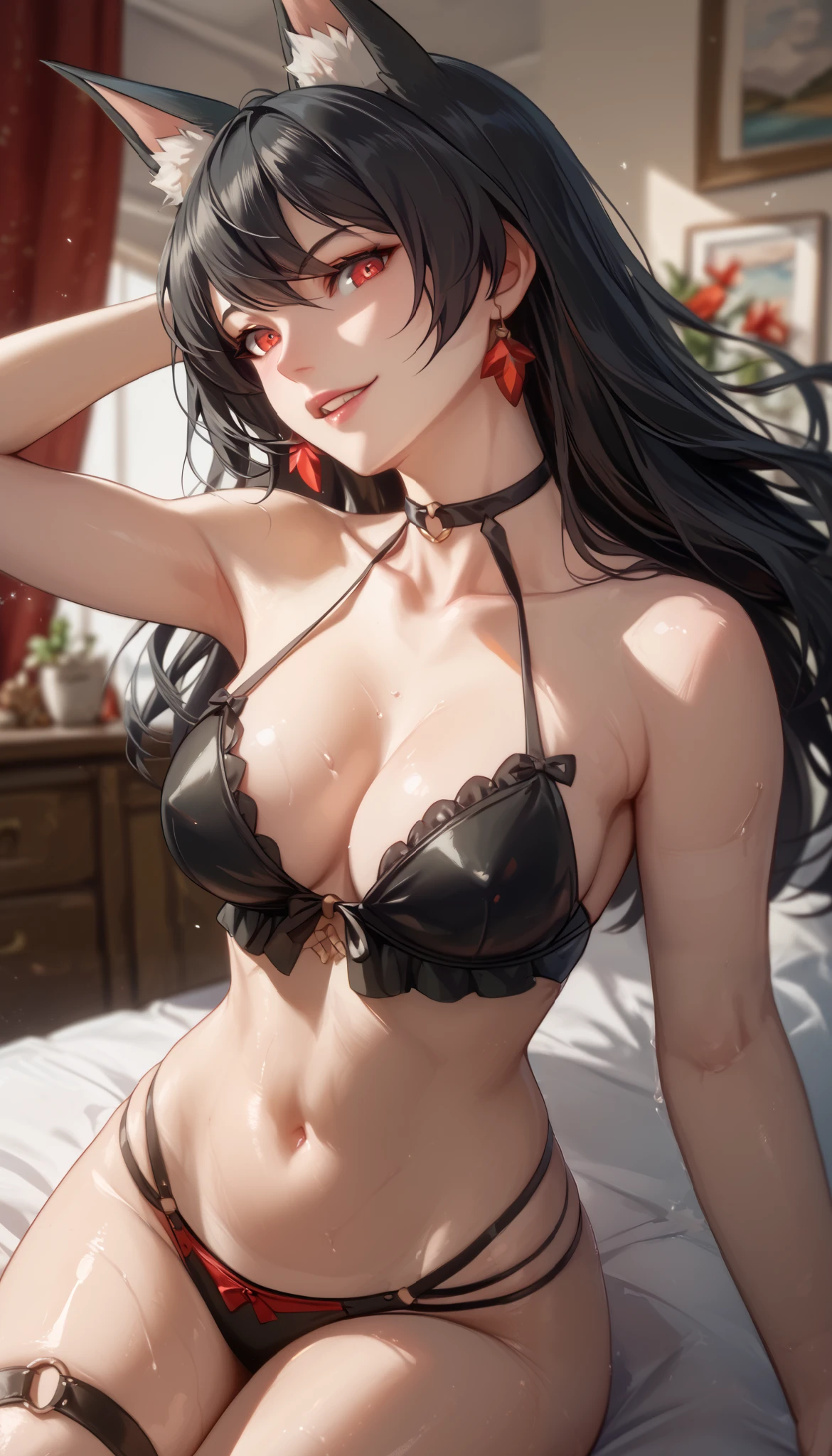  perfect eyes、 perfectly sexy face、 ultra detailed lingerie top、ultra perfect eyes、 Red Eyes、animal ear、Hoshimi Miyabi 、 black hair、 long hair 、 shiny hair 、 tight waist 、 fine winding、 Thigh straps 、 shiny skin、Beleza、erotic、 Looking at the viewer 、