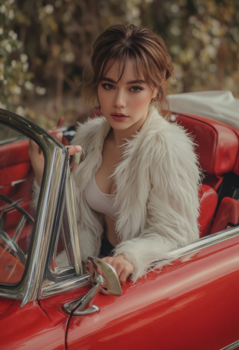 woman in (((white furr coat))), stylish pose, (((extremely detailed face, pretty face))), stylish, beautiful, solo, (((sitting in a red car)))
